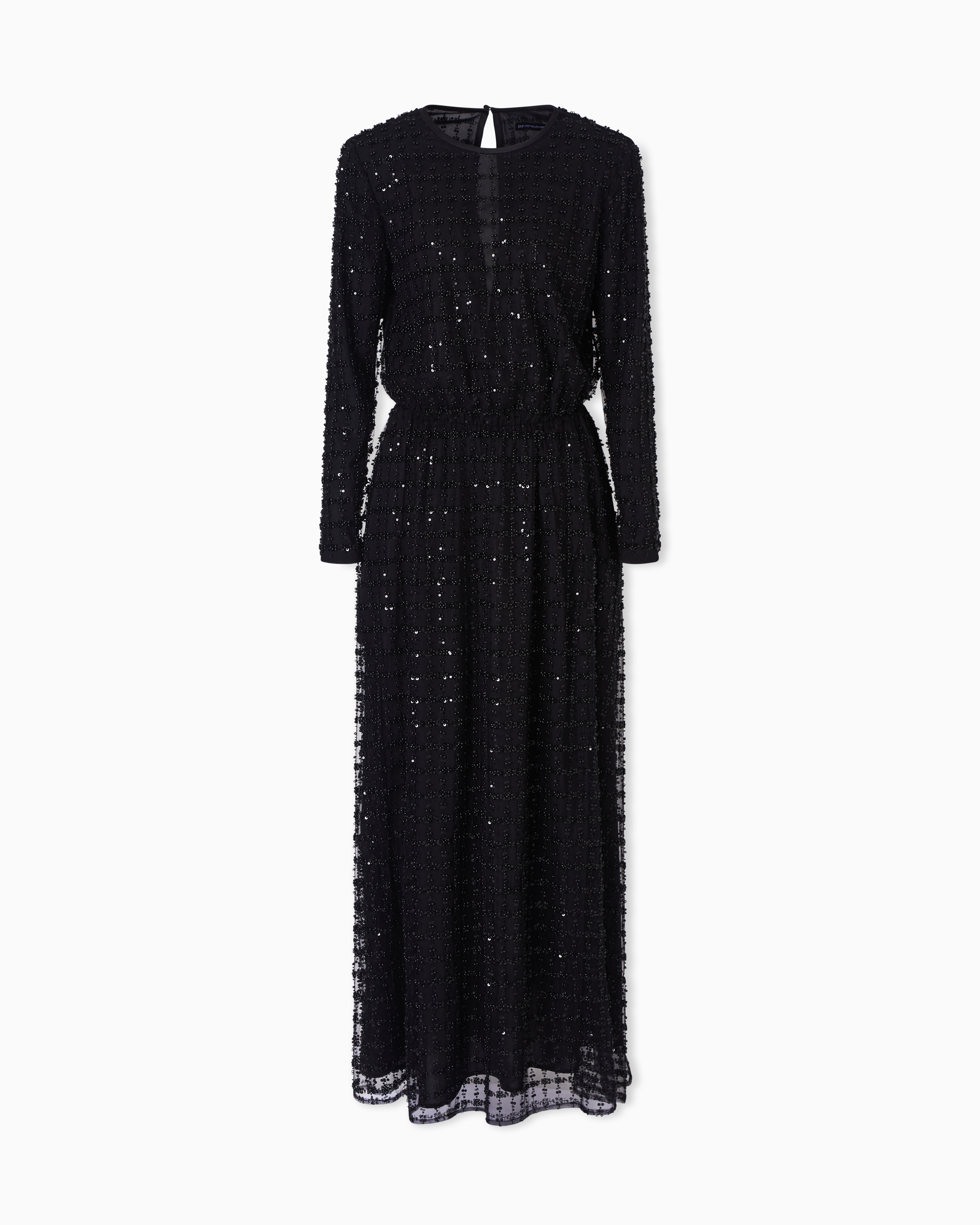 Emporio Armani Black Tulle Long Dress With Sequin And Bead Embroidery