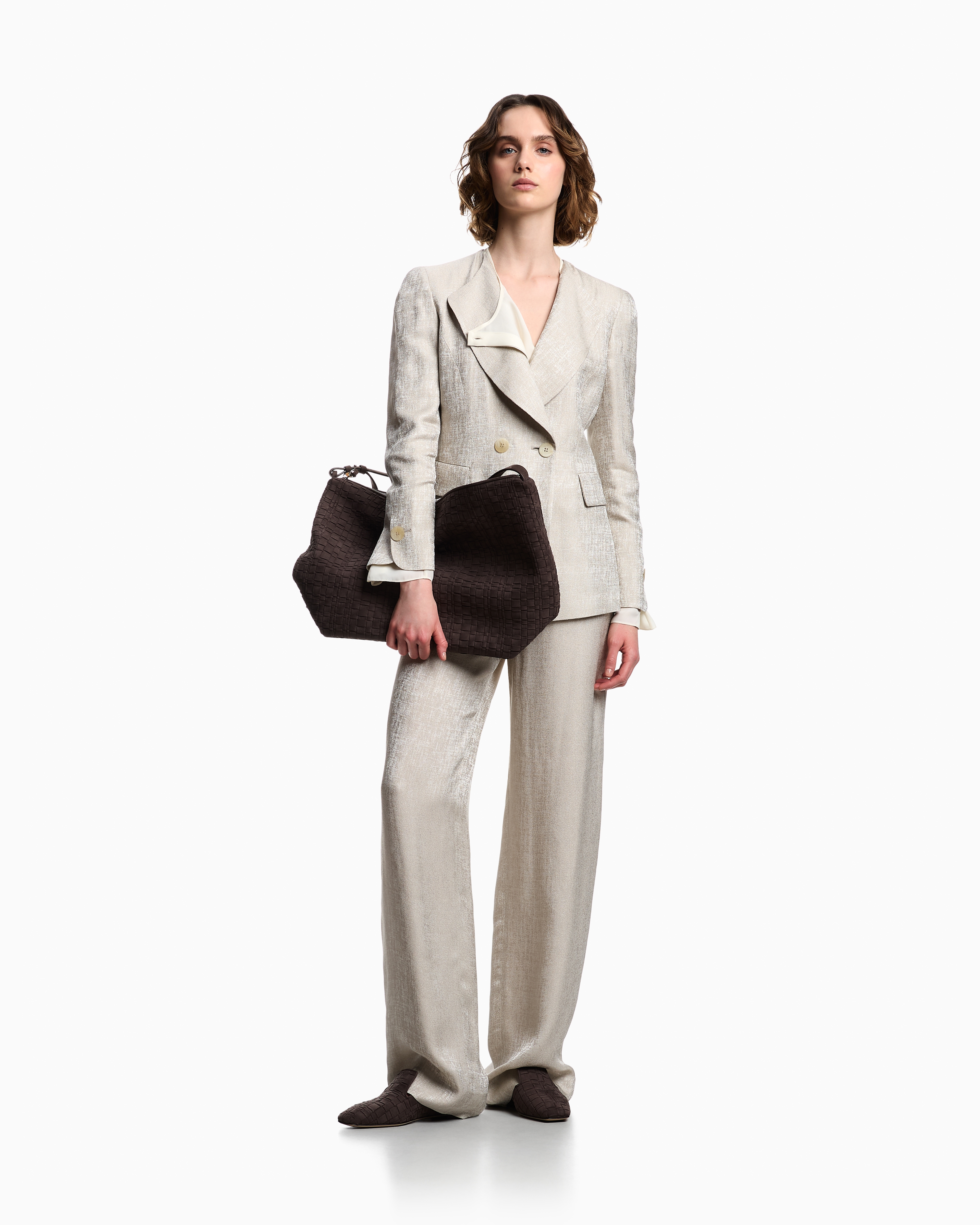 Emporio Armani Double-breasted Jacket In Icon Textured Jacquard Fabric In Sand