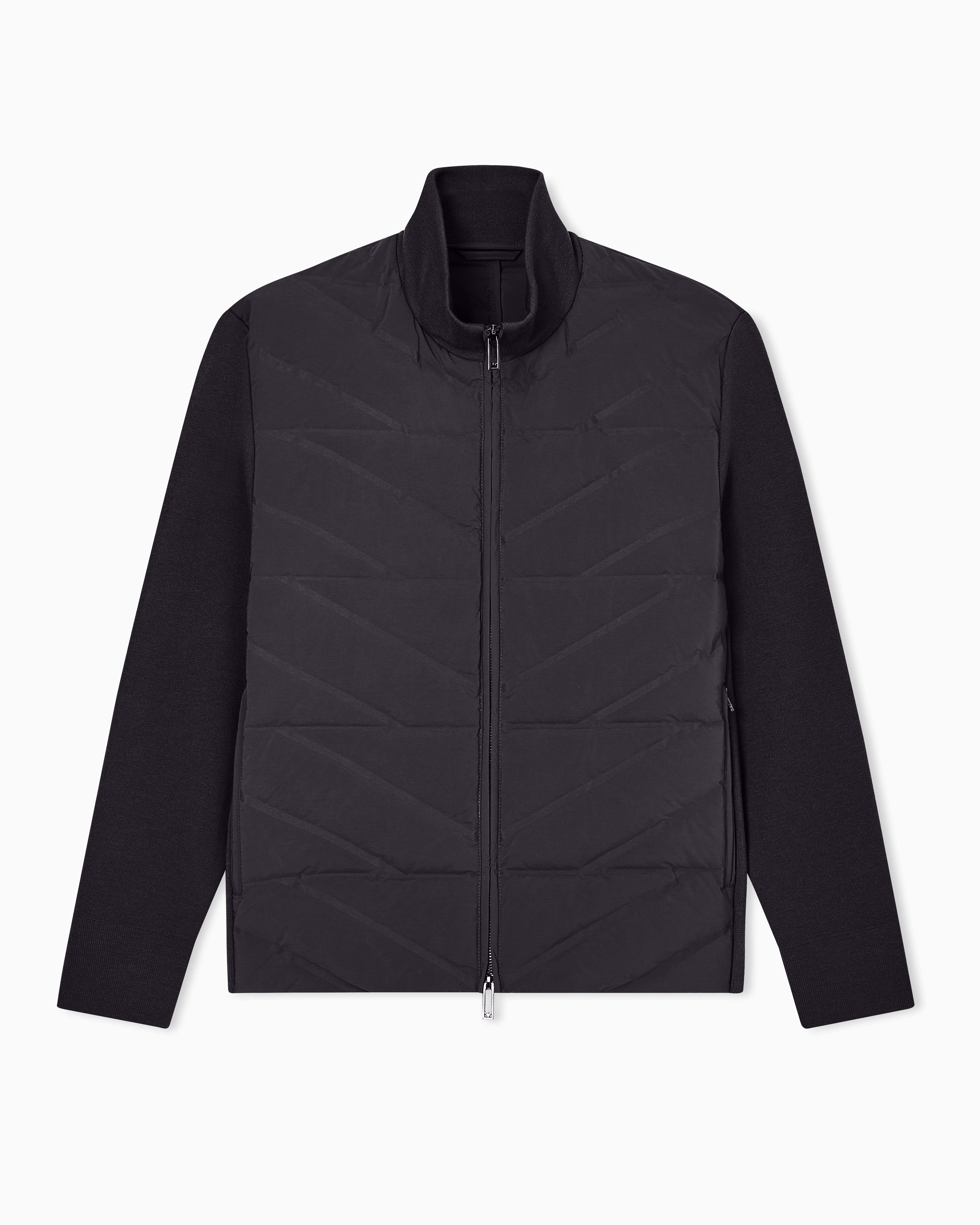 Emporio Armani - Travel Essentials two-piece effect full-zip down jacket with knit sleeves, Man, Navy Blue, Size: