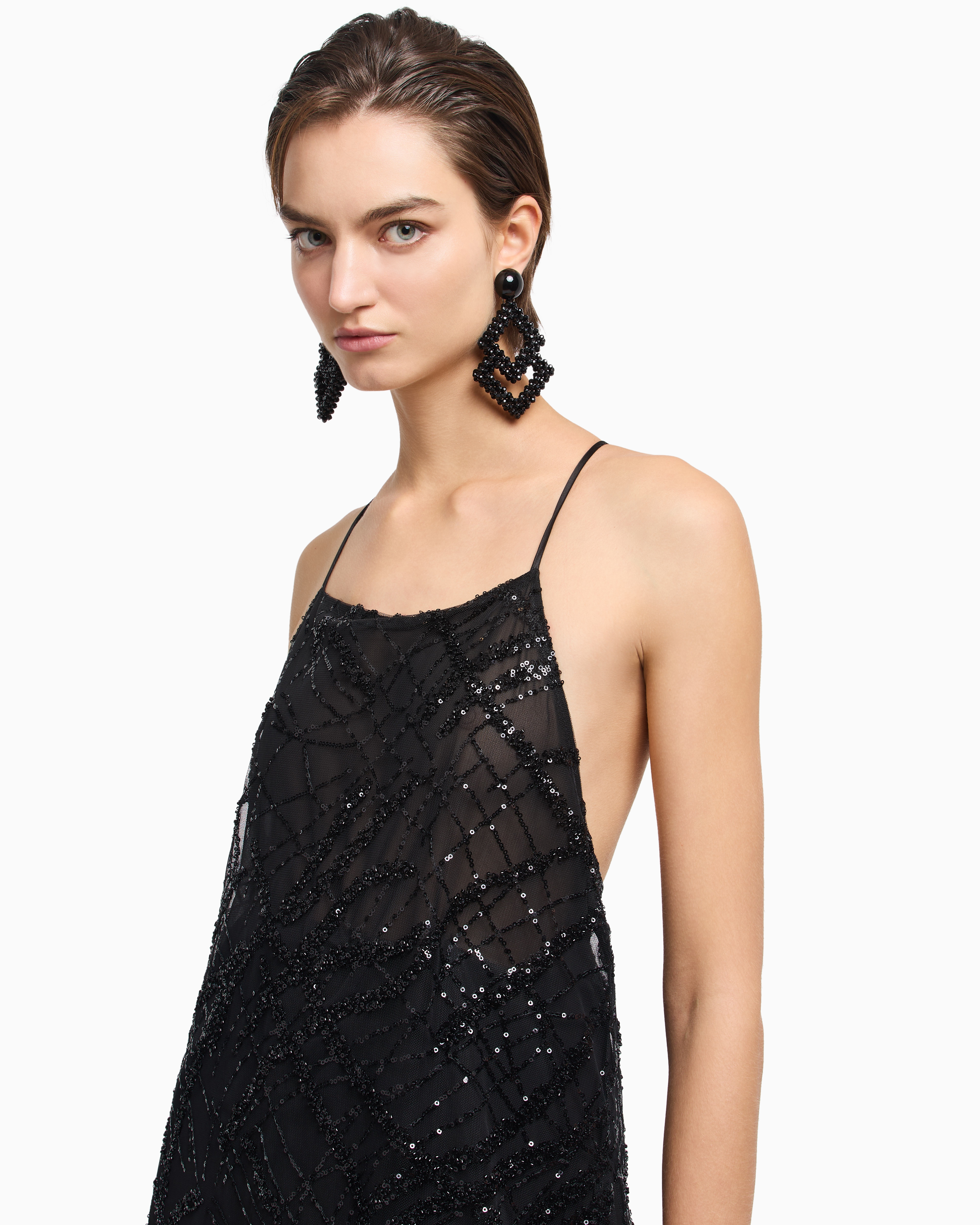 Emporio Armani - Long tulle dress with all-over micro-sequin and jet embroidery, Woman, Black, Size: