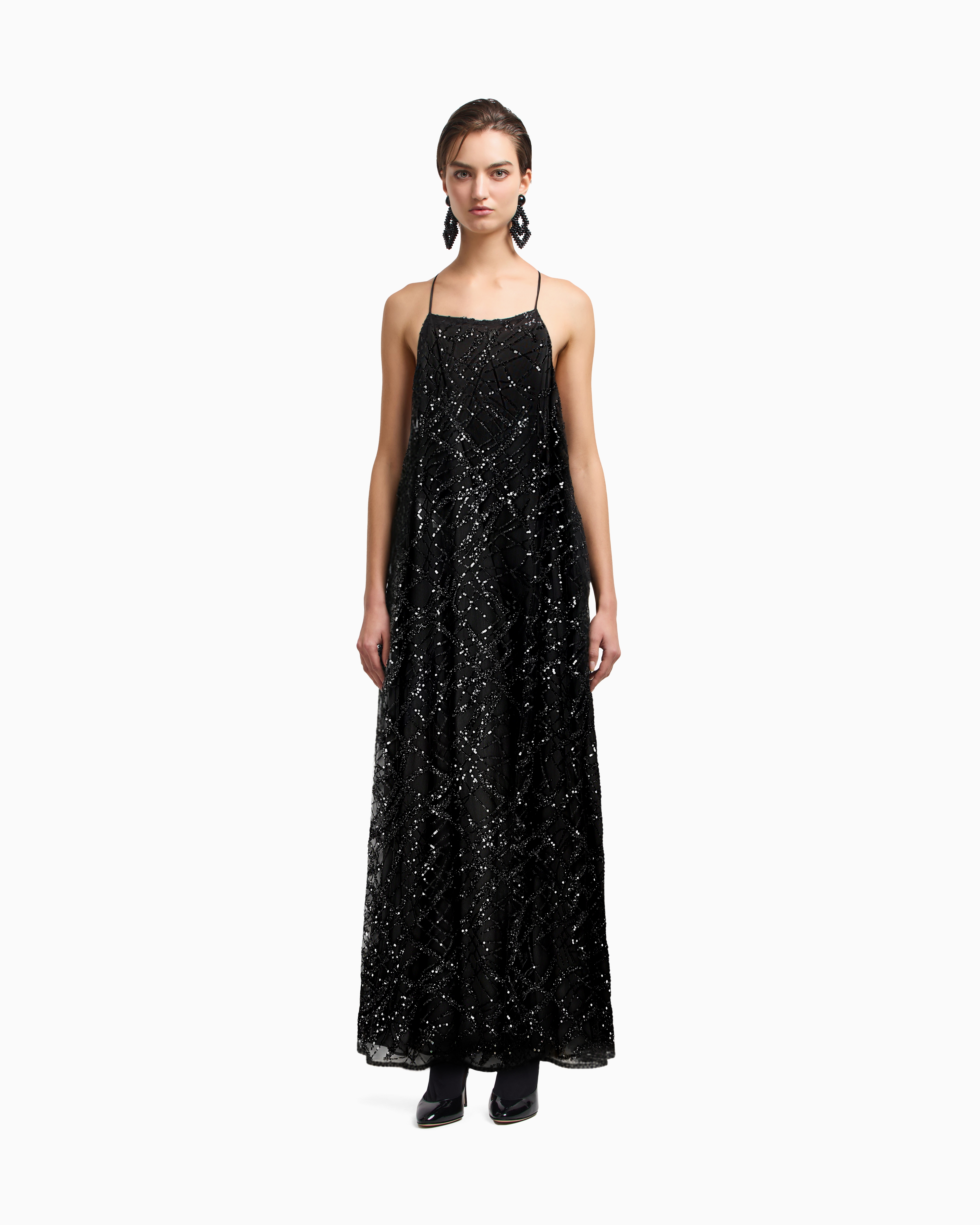 Emporio Armani - Long tulle dress with all-over micro-sequin and jet embroidery, Woman, Black, Size: