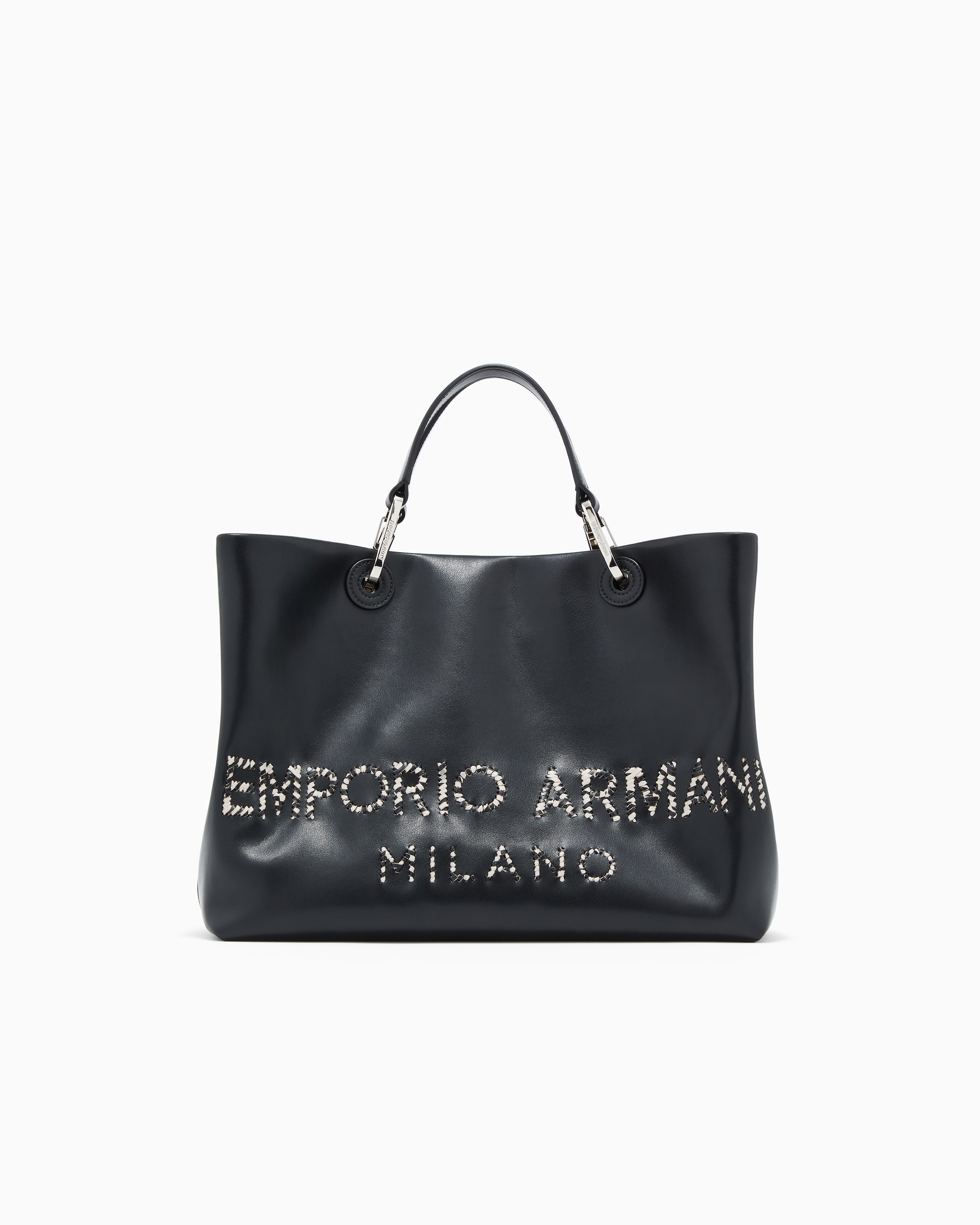 Emporio Armani Black Myea Medium Shopper Bag In Nappa Leather With A Zebra-Striped Logo