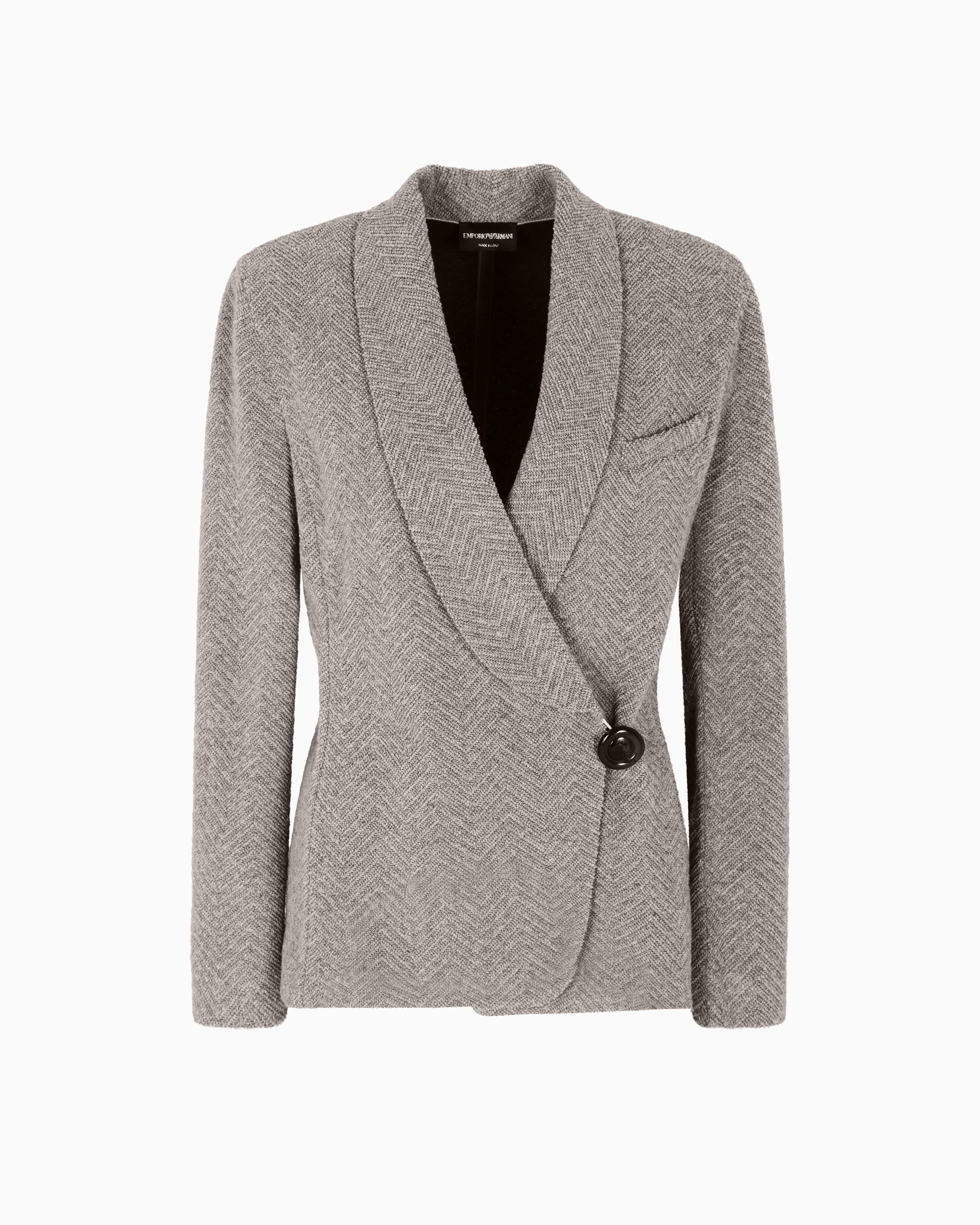 Emporio Armani - Jacket with off-centre closure in a wool-blend lurex chevron jacquard, Woman, Brown, Size: 36