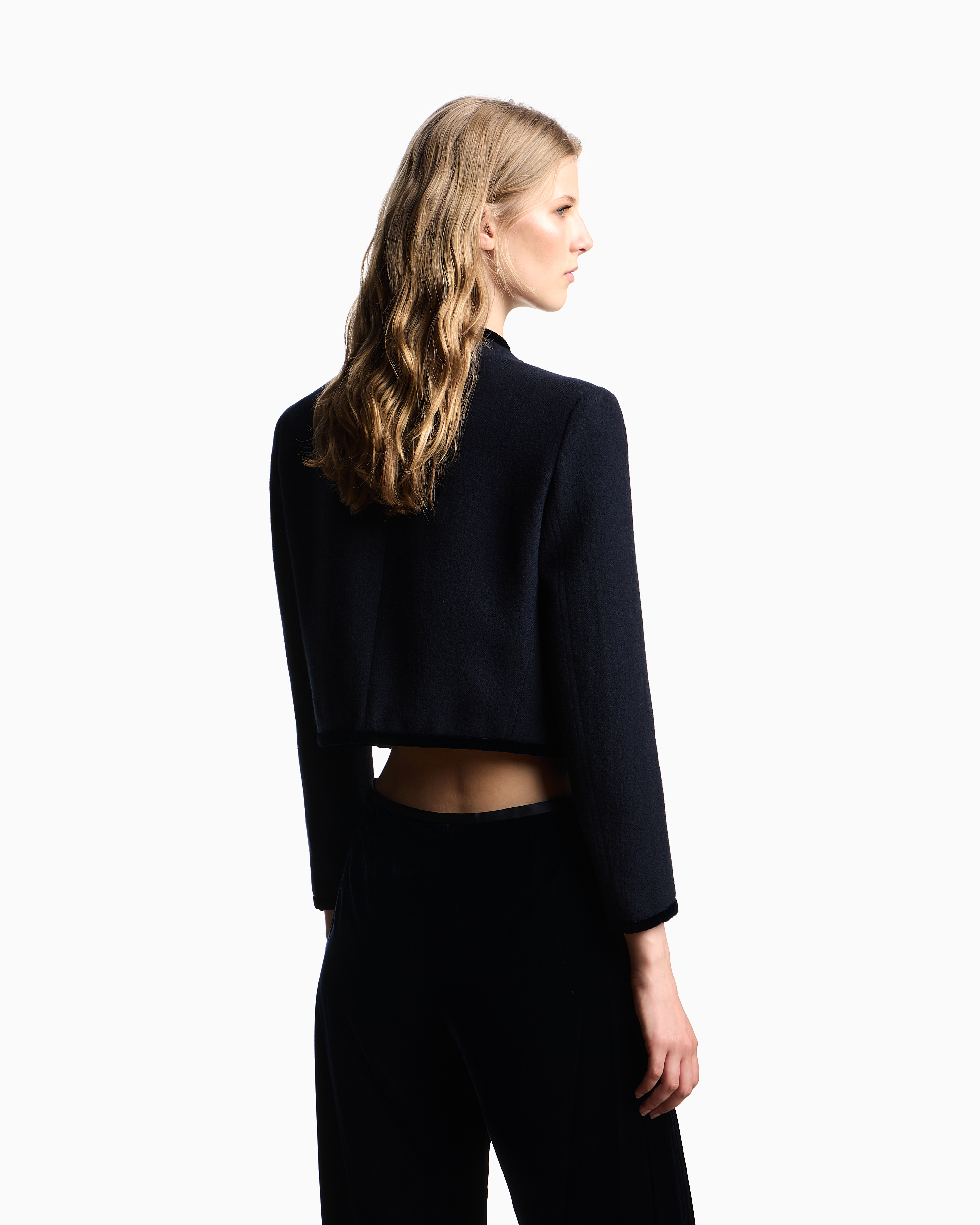 Emporio Armani Washed Wool Jacket With Velvet Trim In Blue