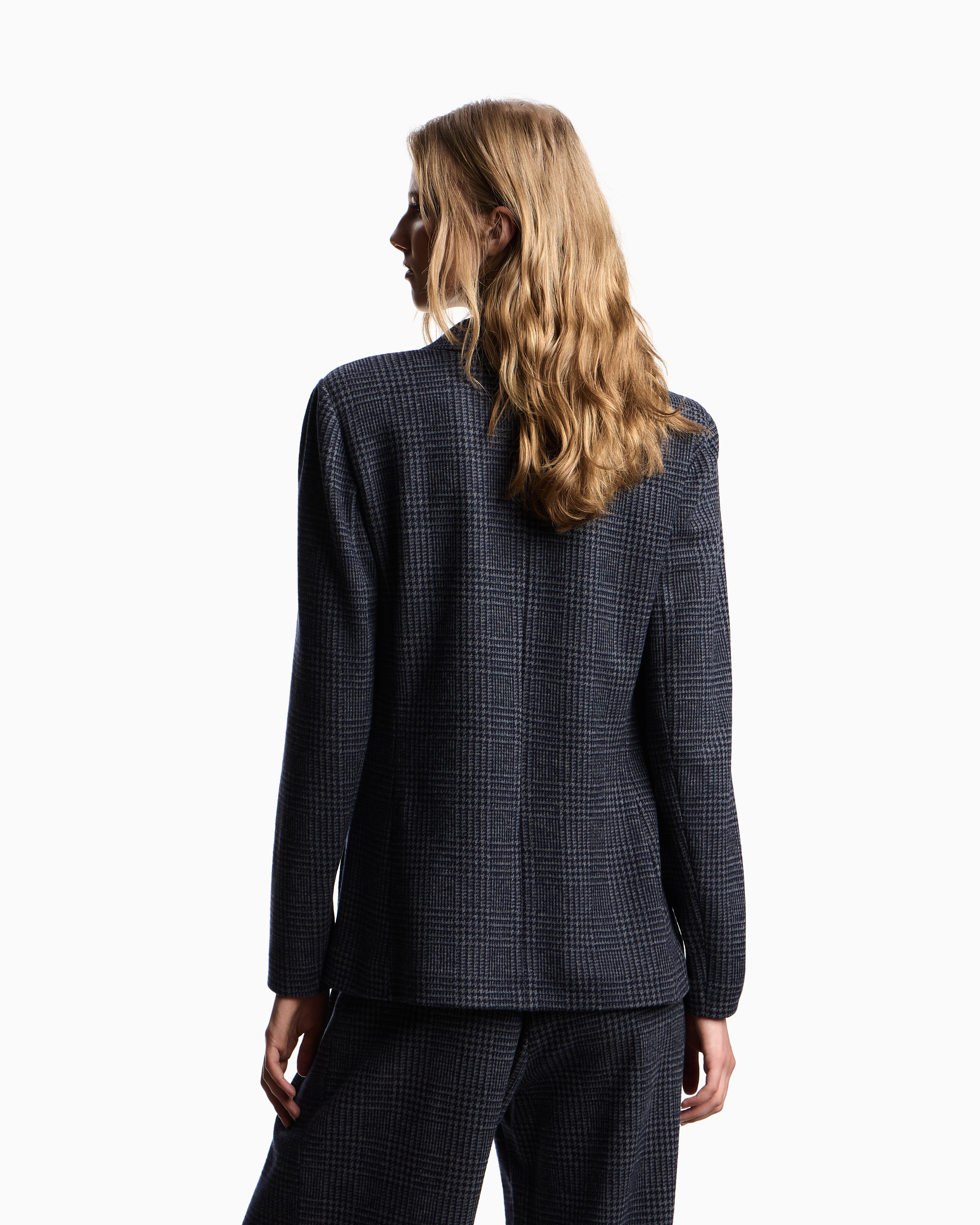 Emporio Armani Icon Prince Of Wales Check Compact Knit Jersey Single-breasted Blazer In Animal Print