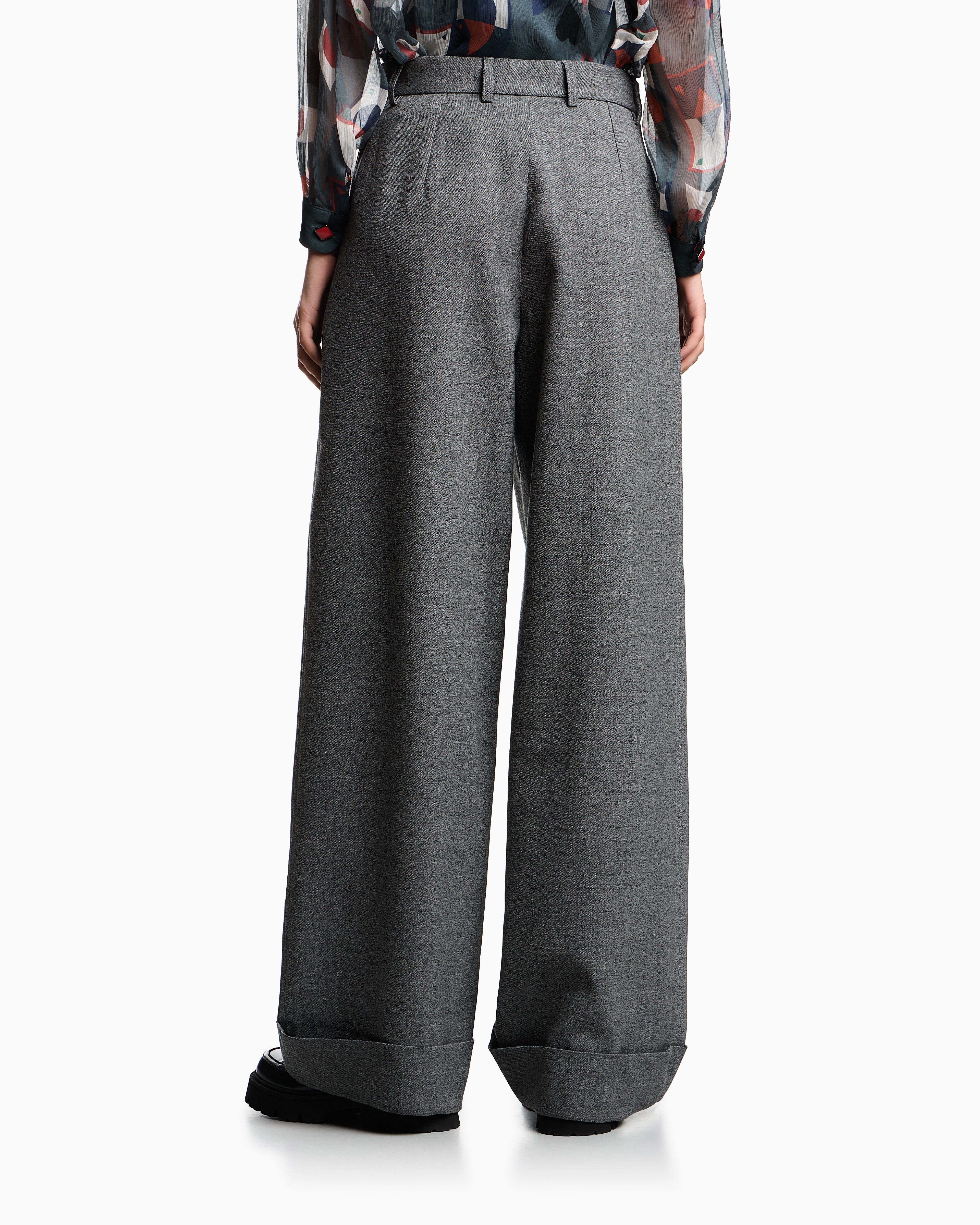 Emporio Armani Tailored Wide Leg Trousers With Cuffed Hem In Gray