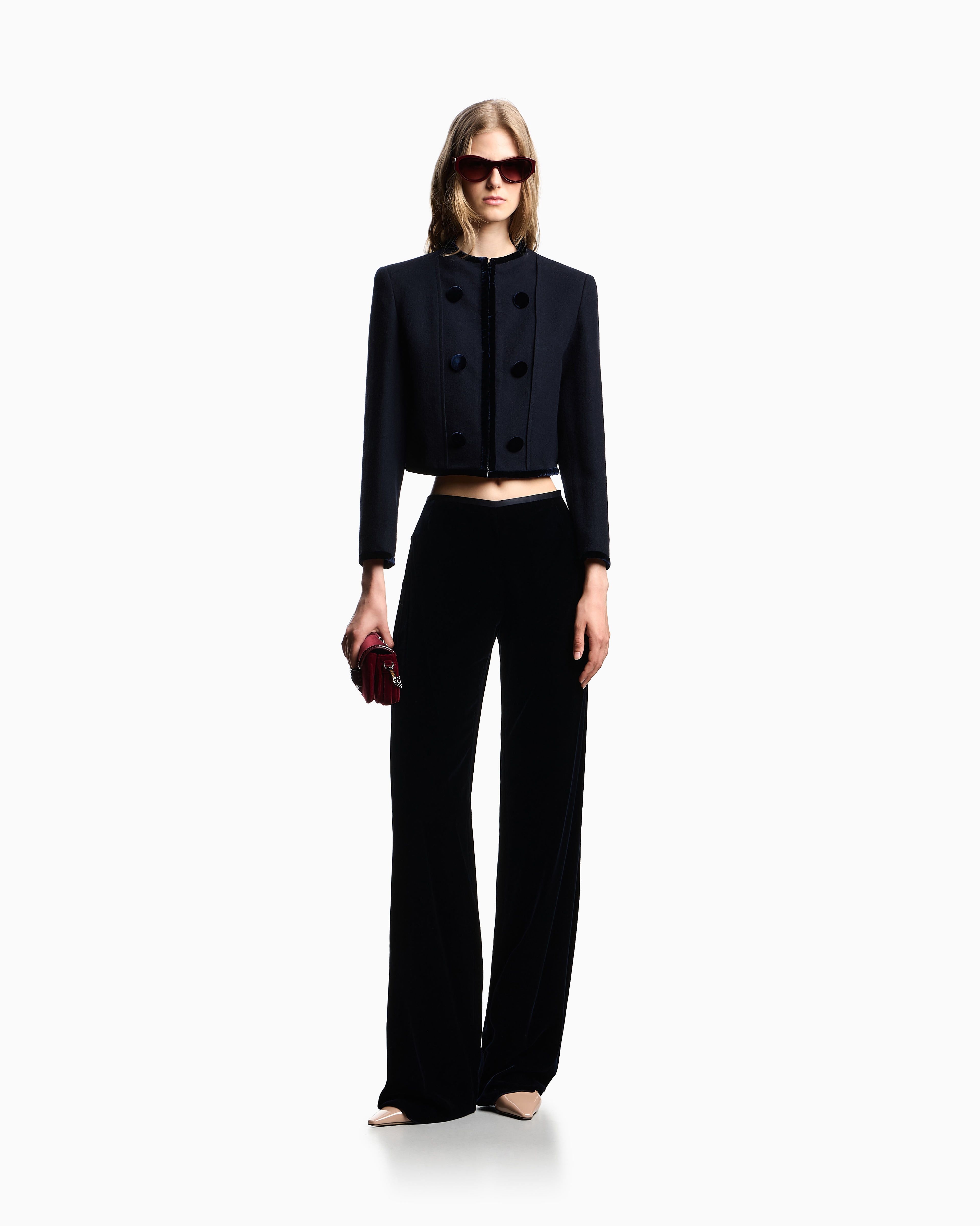 Emporio Armani Washed Wool Jacket With Velvet Trim In Blue