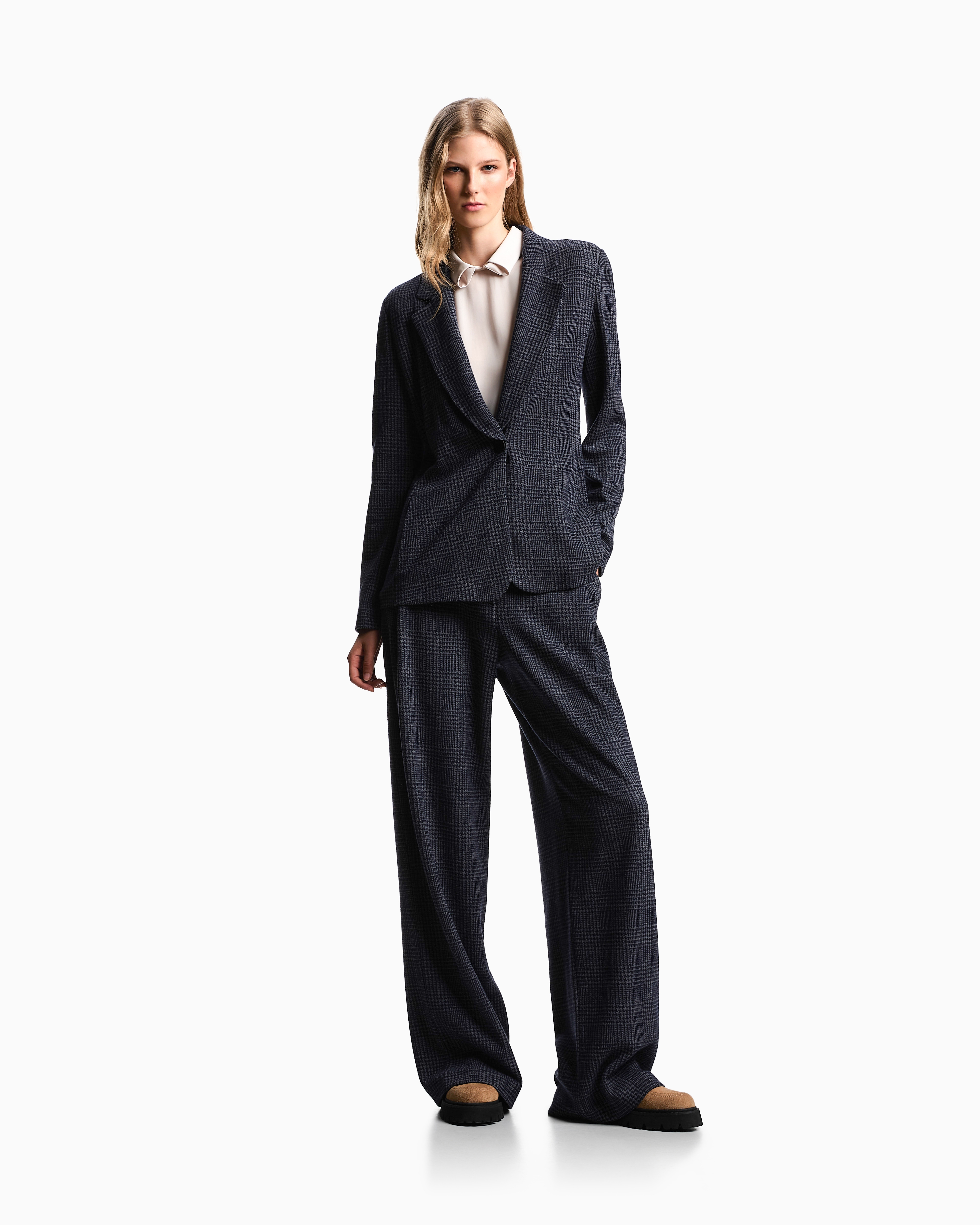 Emporio Armani - ASV Icon Prince of Wales check compact jersey-knit trousers with pleats, Woman, Blue, Size: