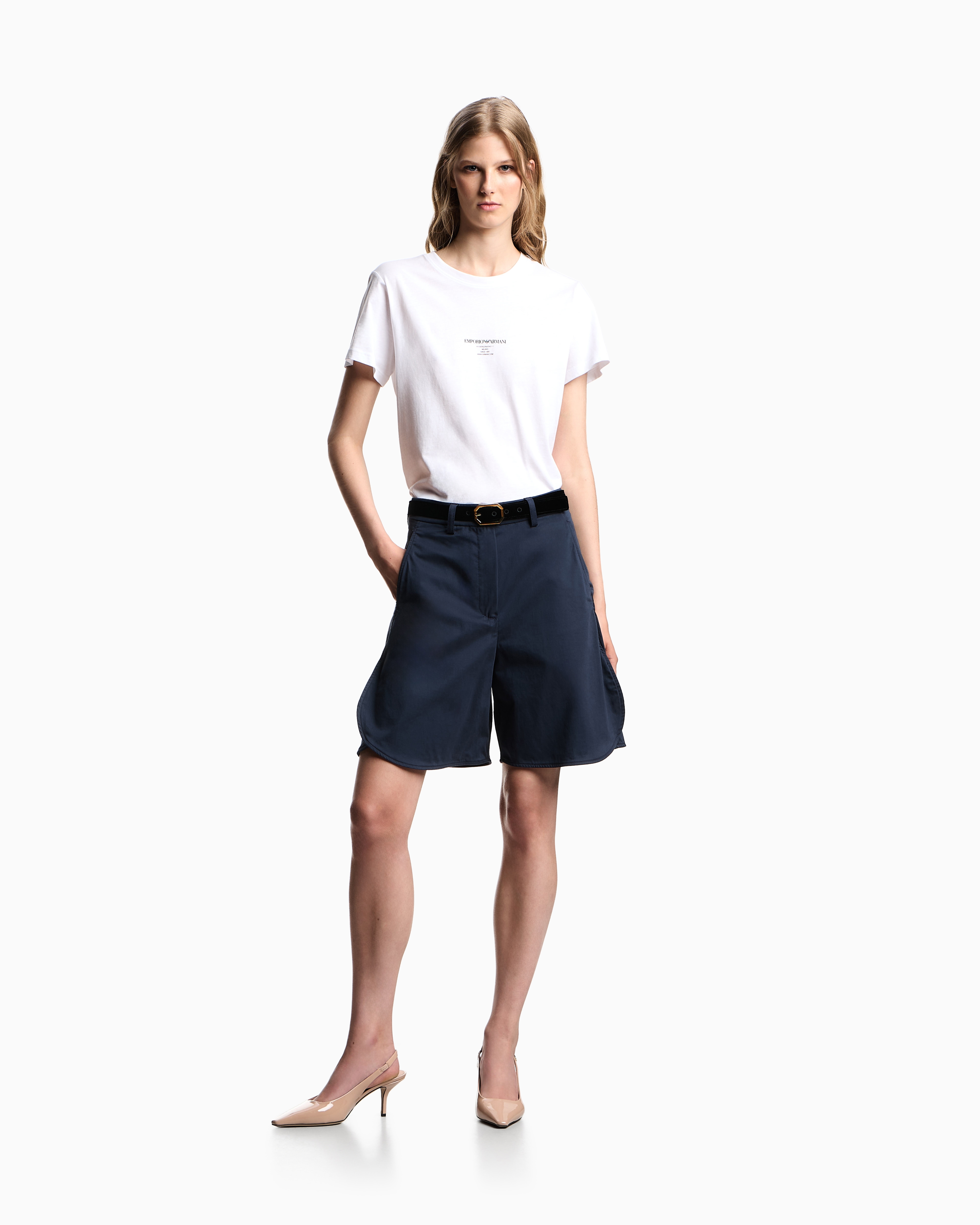 Emporio Armani - Polished cotton shorts, Woman, Blue, Size: