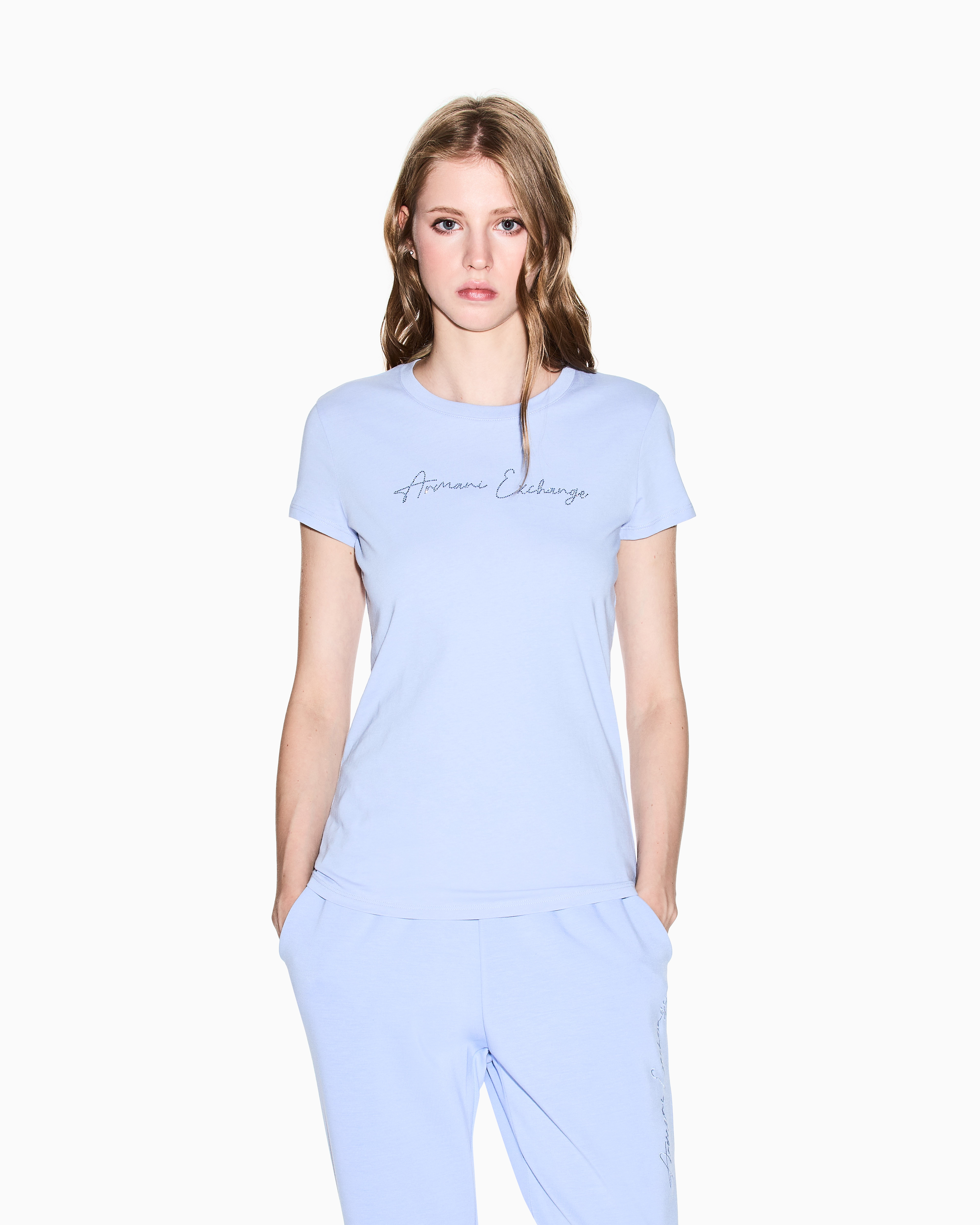 Armani Exchange - Slim fit T-shirt with glitter logo, Woman, Light Blue, Size: