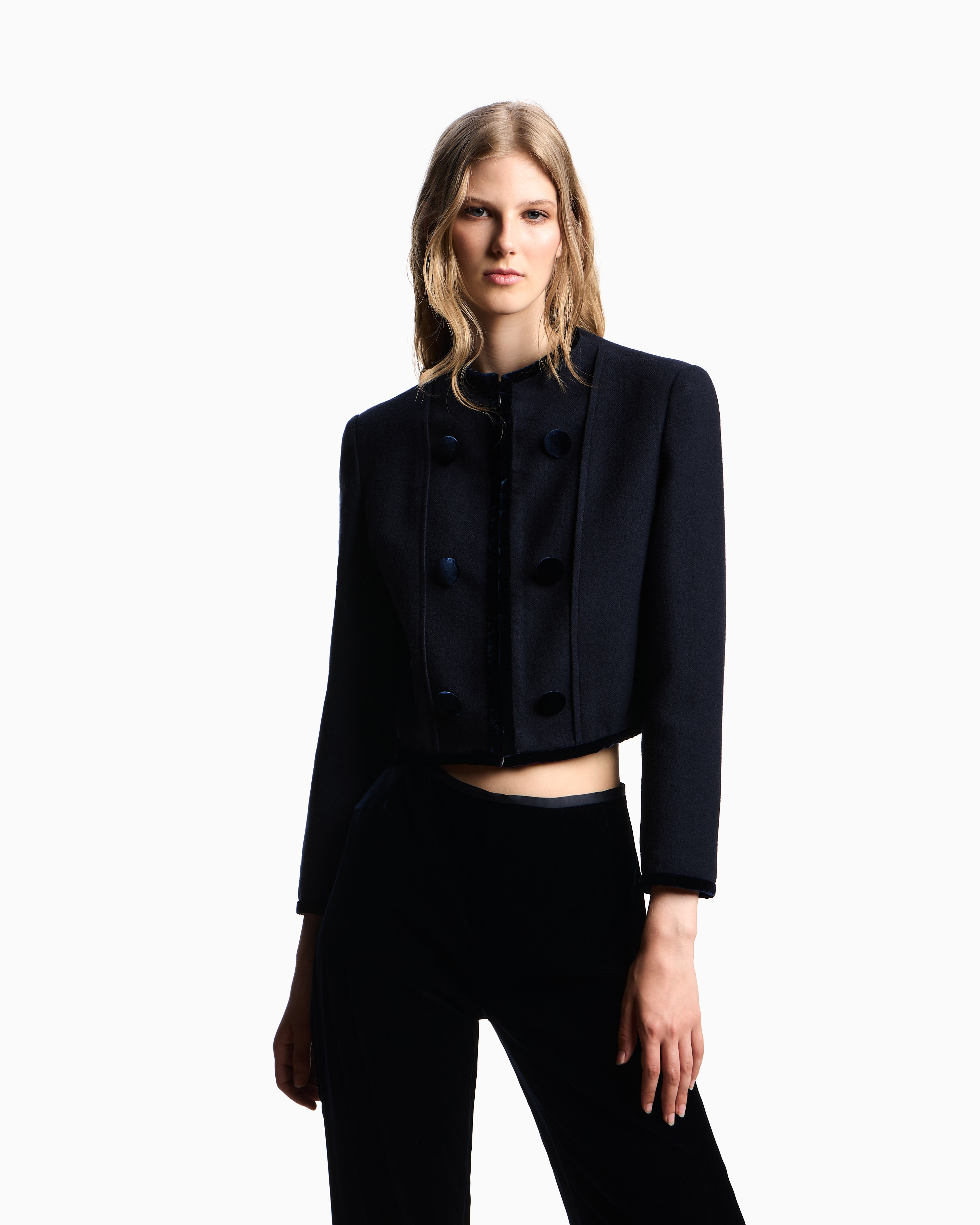 Emporio Armani Washed Wool Jacket With Velvet Trim In Blue