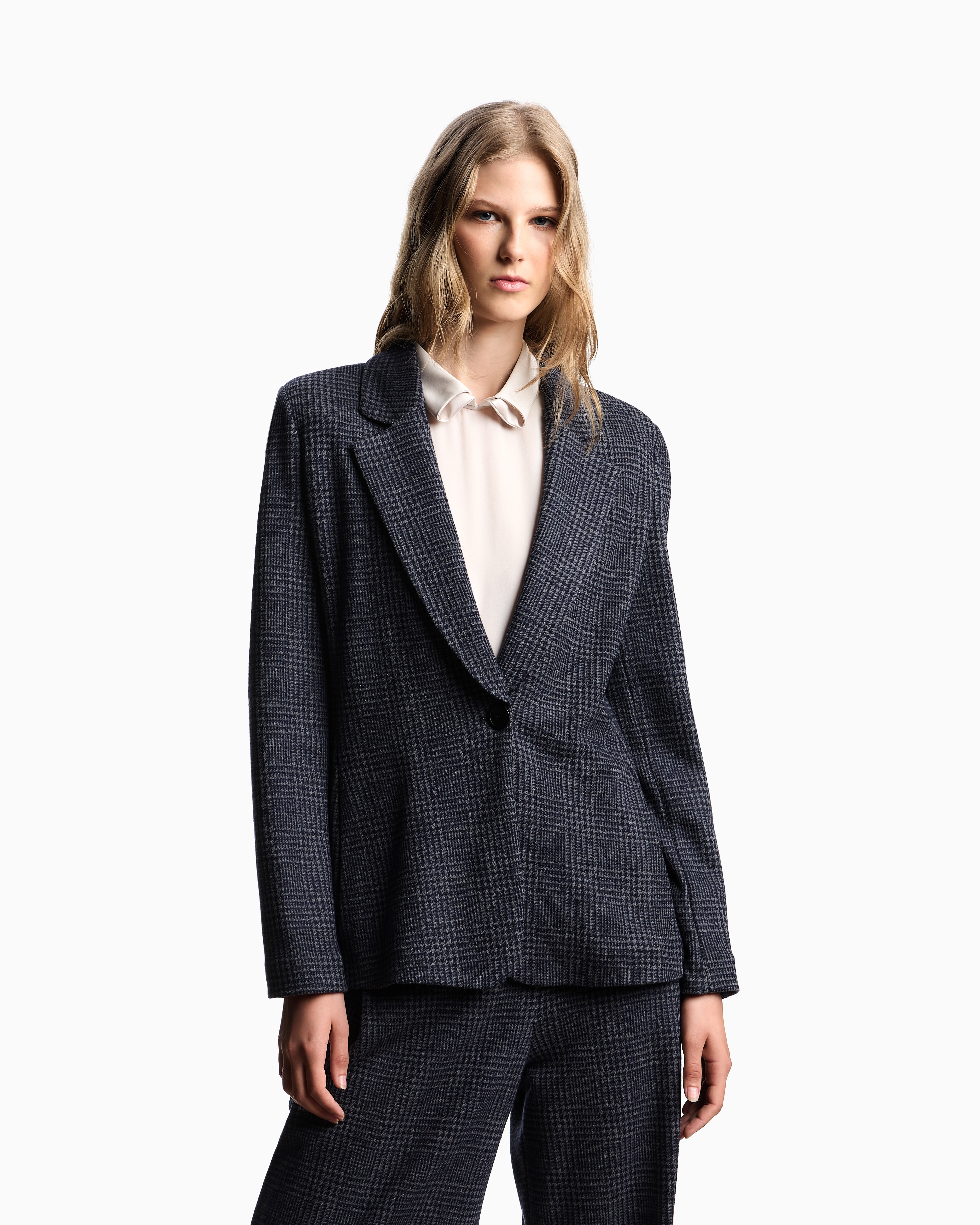 Emporio Armani Icon Prince Of Wales Check Compact Knit Jersey Single-breasted Blazer In Animal Print
