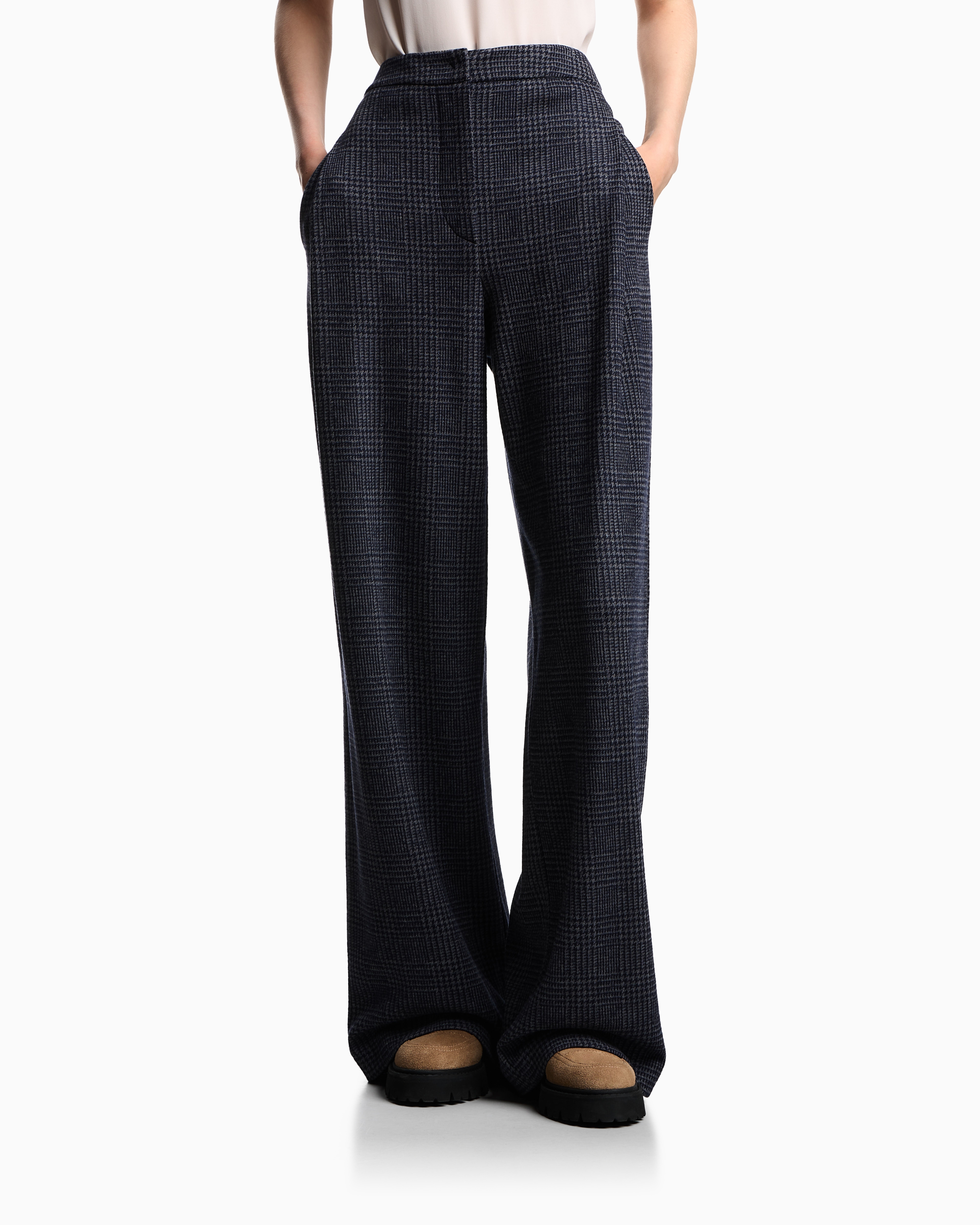 Emporio Armani - ASV Icon Prince of Wales check compact jersey-knit trousers with pleats, Woman, Blue, Size: