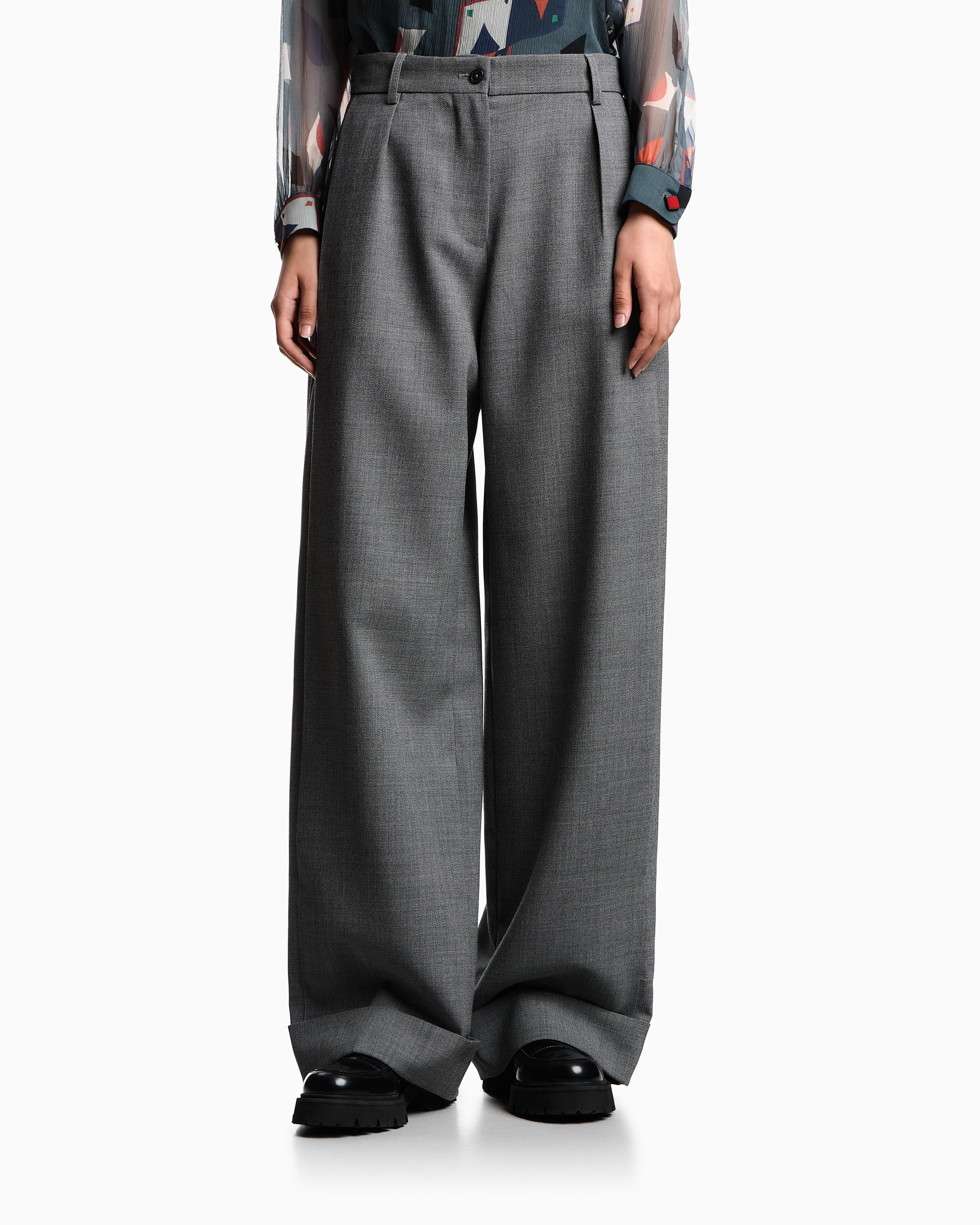 Emporio Armani Tailored Wide Leg Trousers With Cuffed Hem In Gray