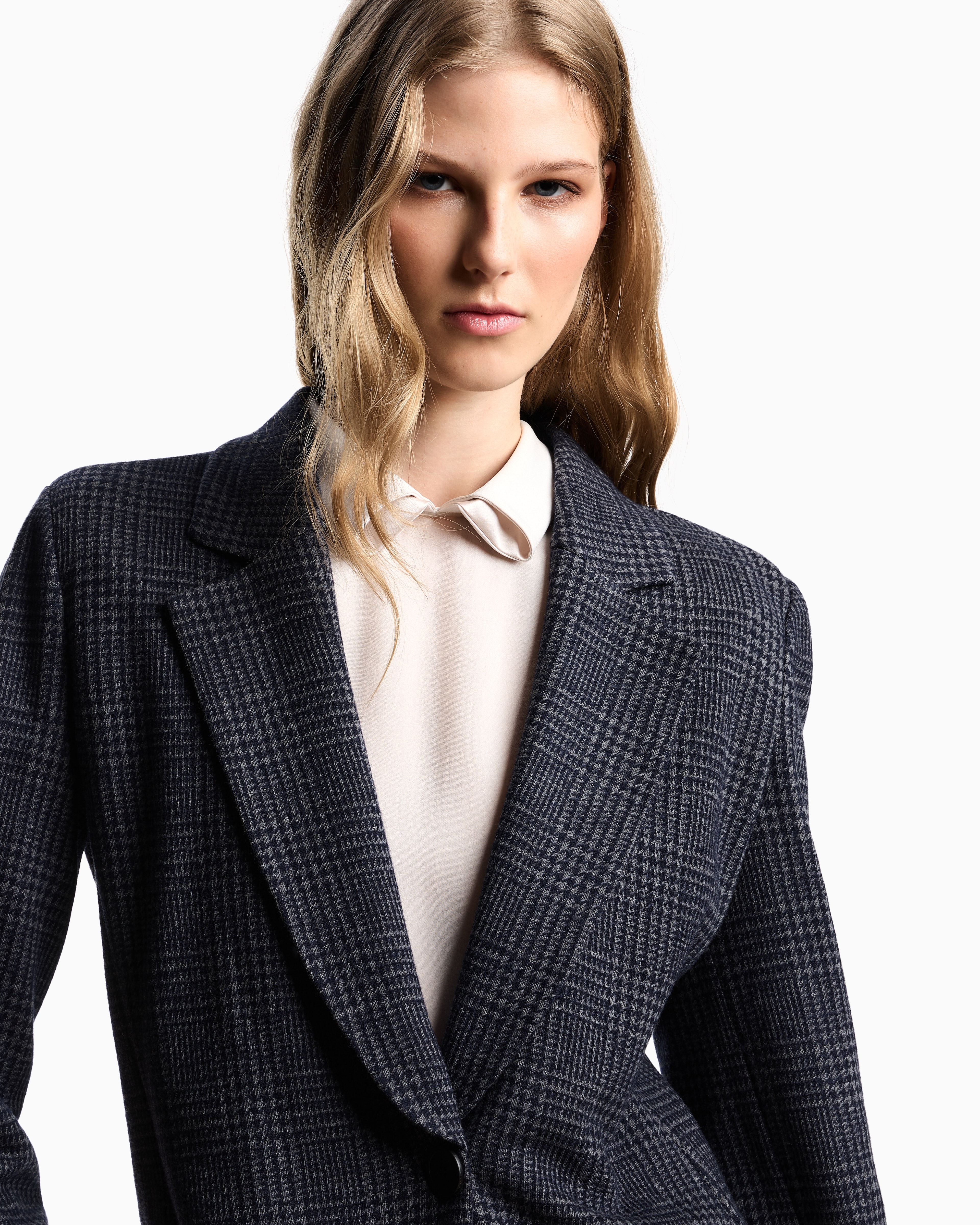 Emporio Armani Icon Prince Of Wales Check Compact Knit Jersey Single-breasted Blazer In Animal Print