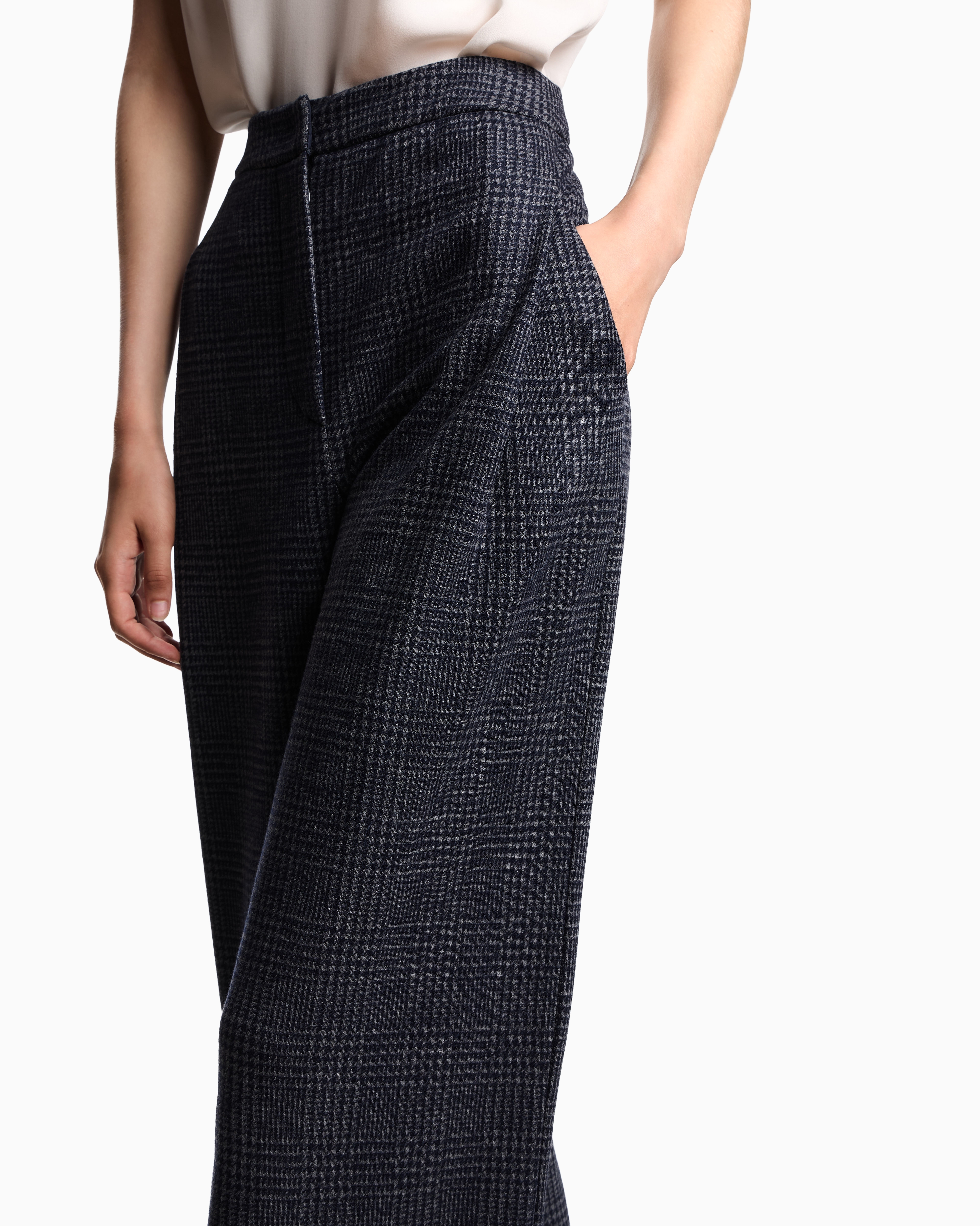 Emporio Armani - ASV Icon Prince of Wales check compact jersey-knit trousers with pleats, Woman, Blue, Size:
