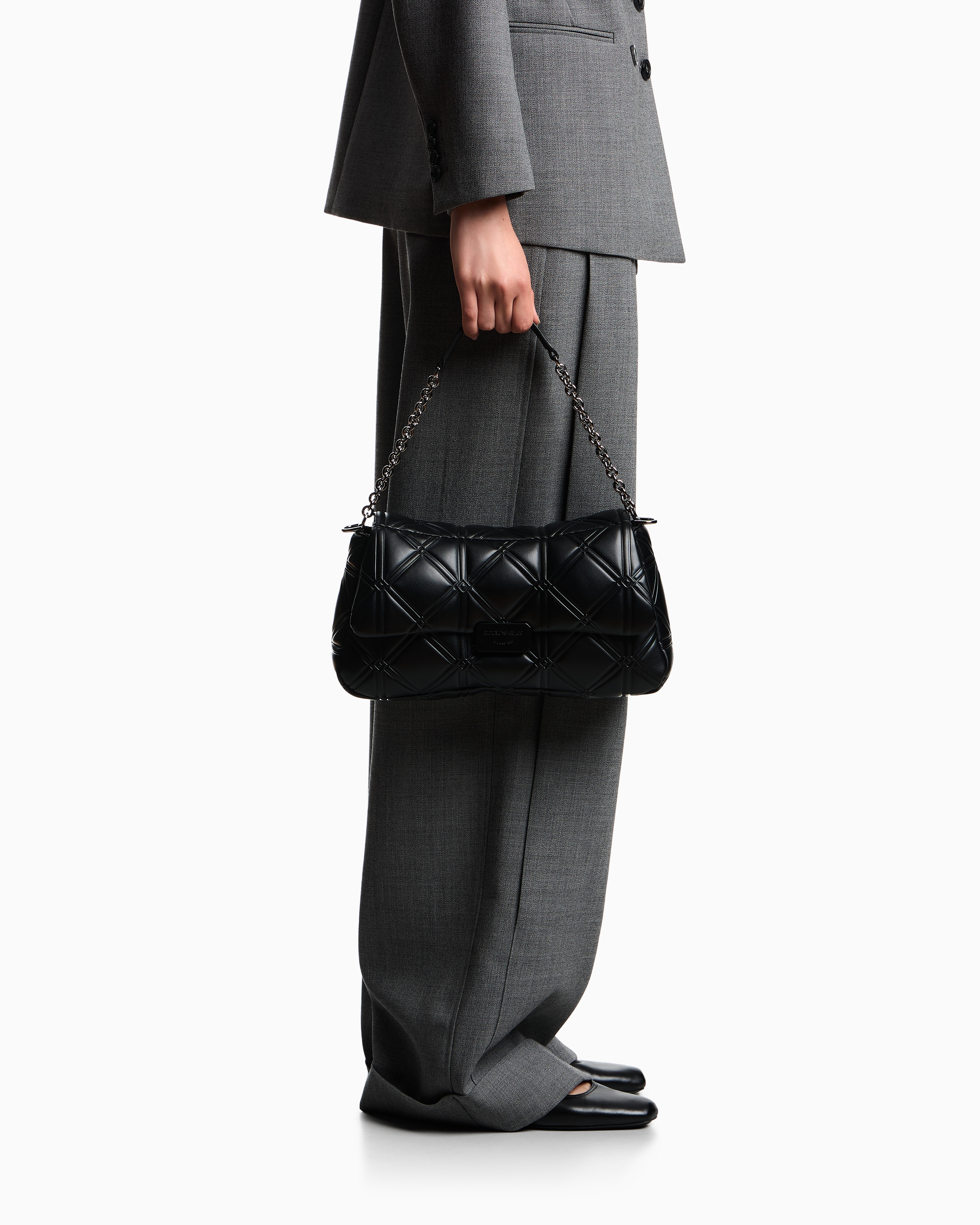 Emporio Armani - Large embossed nappa leather-effect shoulder bag, Woman, Black, Size: TU