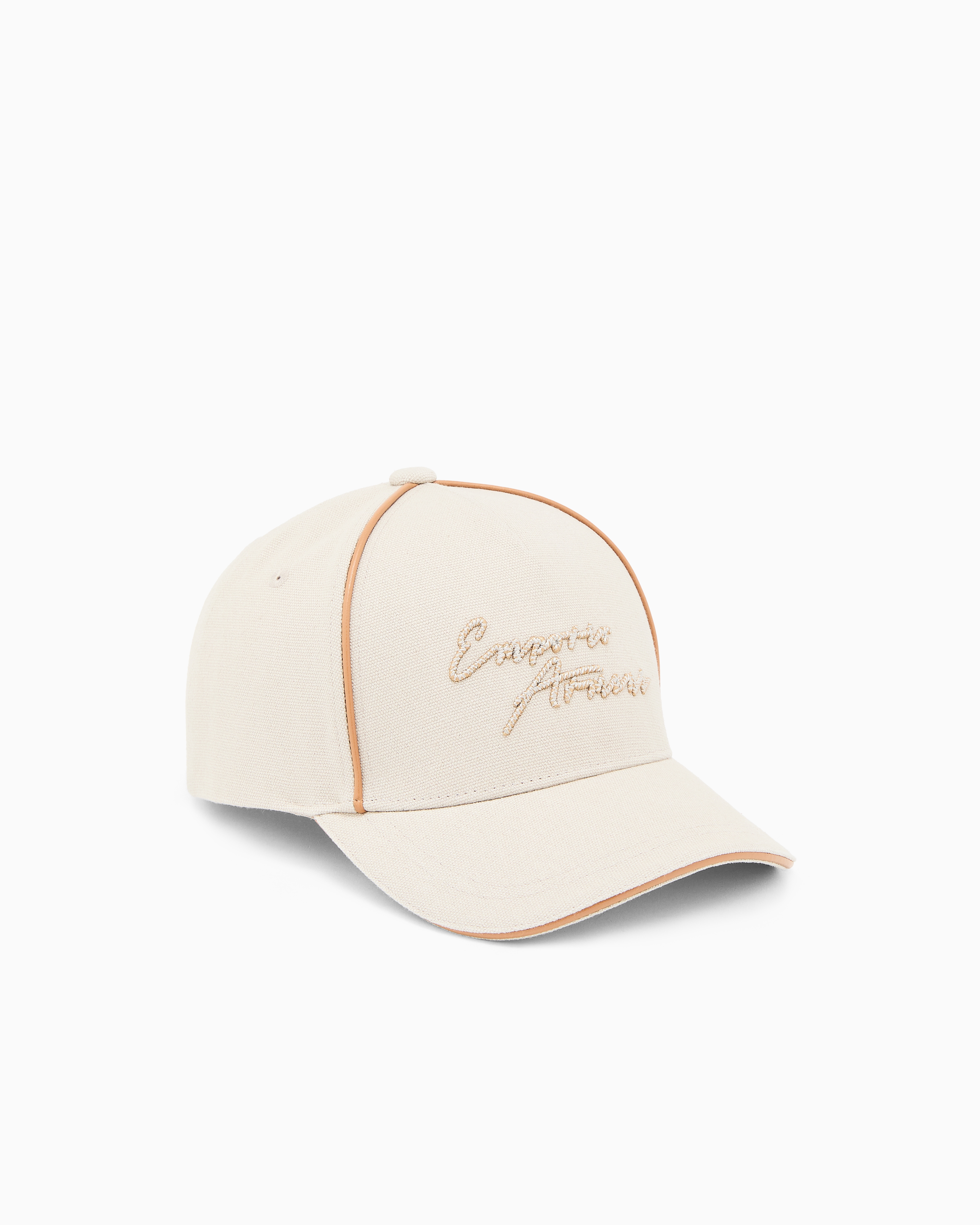 Emporio Armani Beige Canvas Baseball Cap With Signature Logo Embroidery