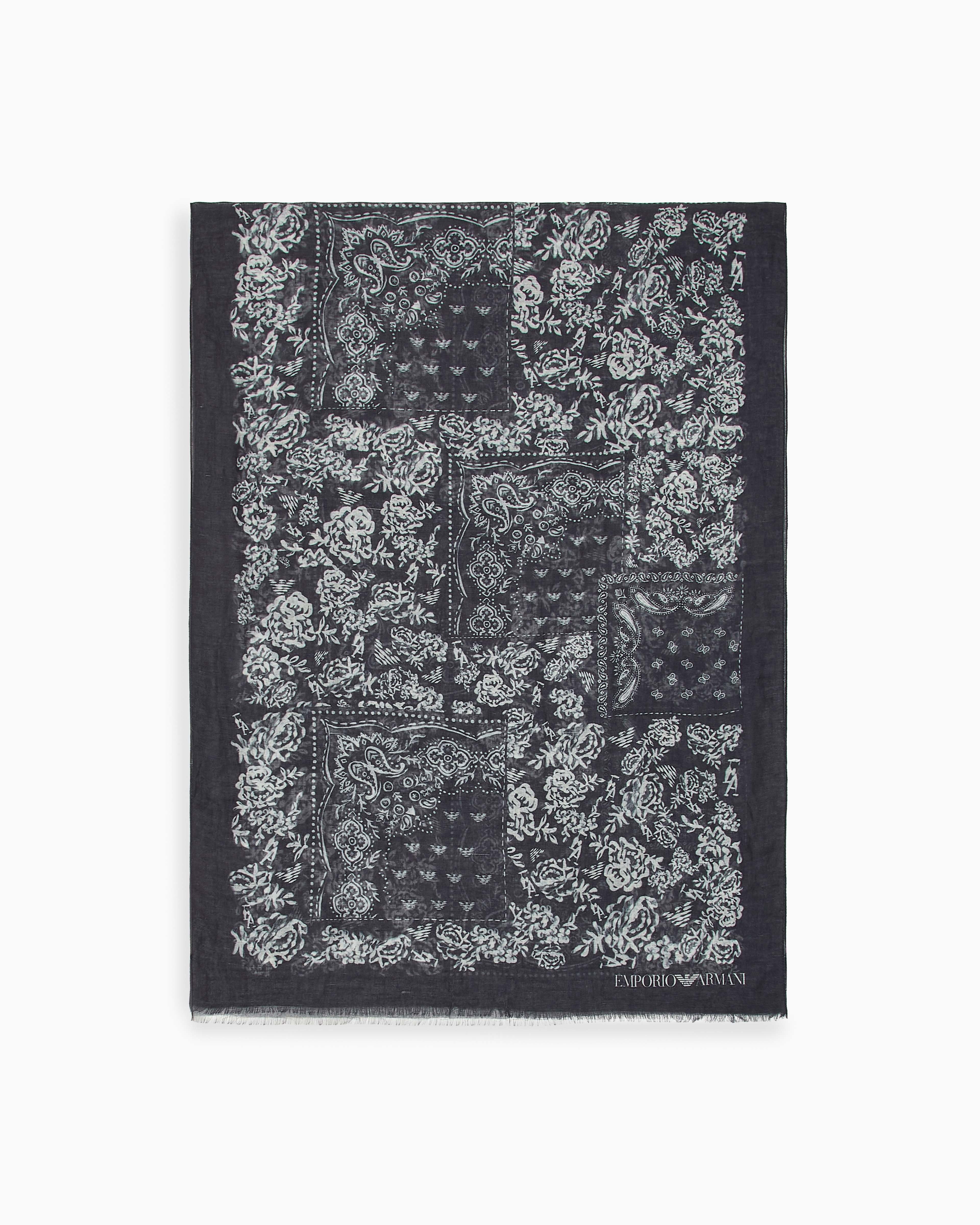 Emporio Armani Blue Linen Blend Stole With A Bandana Print