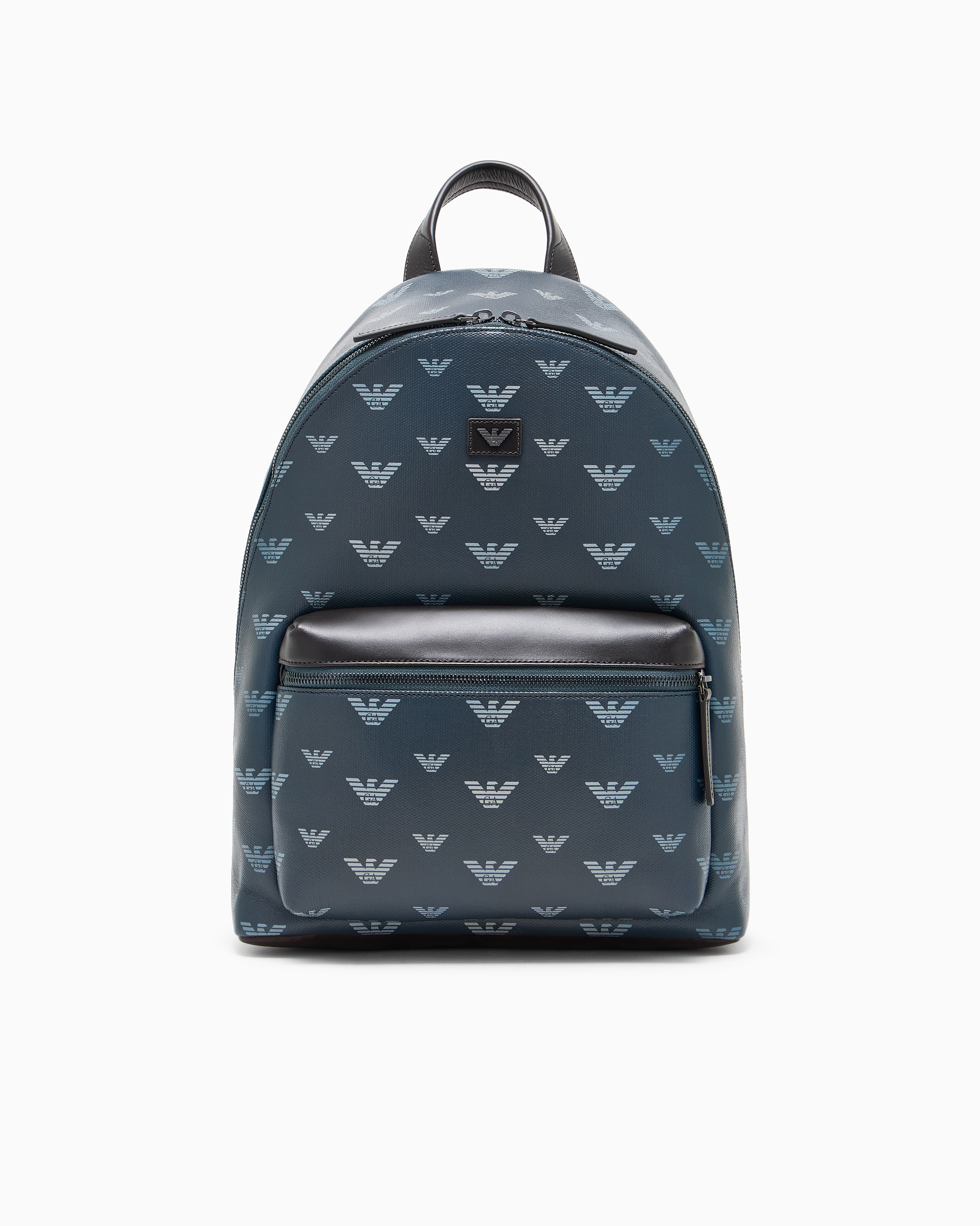 Emporio Armani Blue Backpack In Coated Canvas With All-Over Eagle