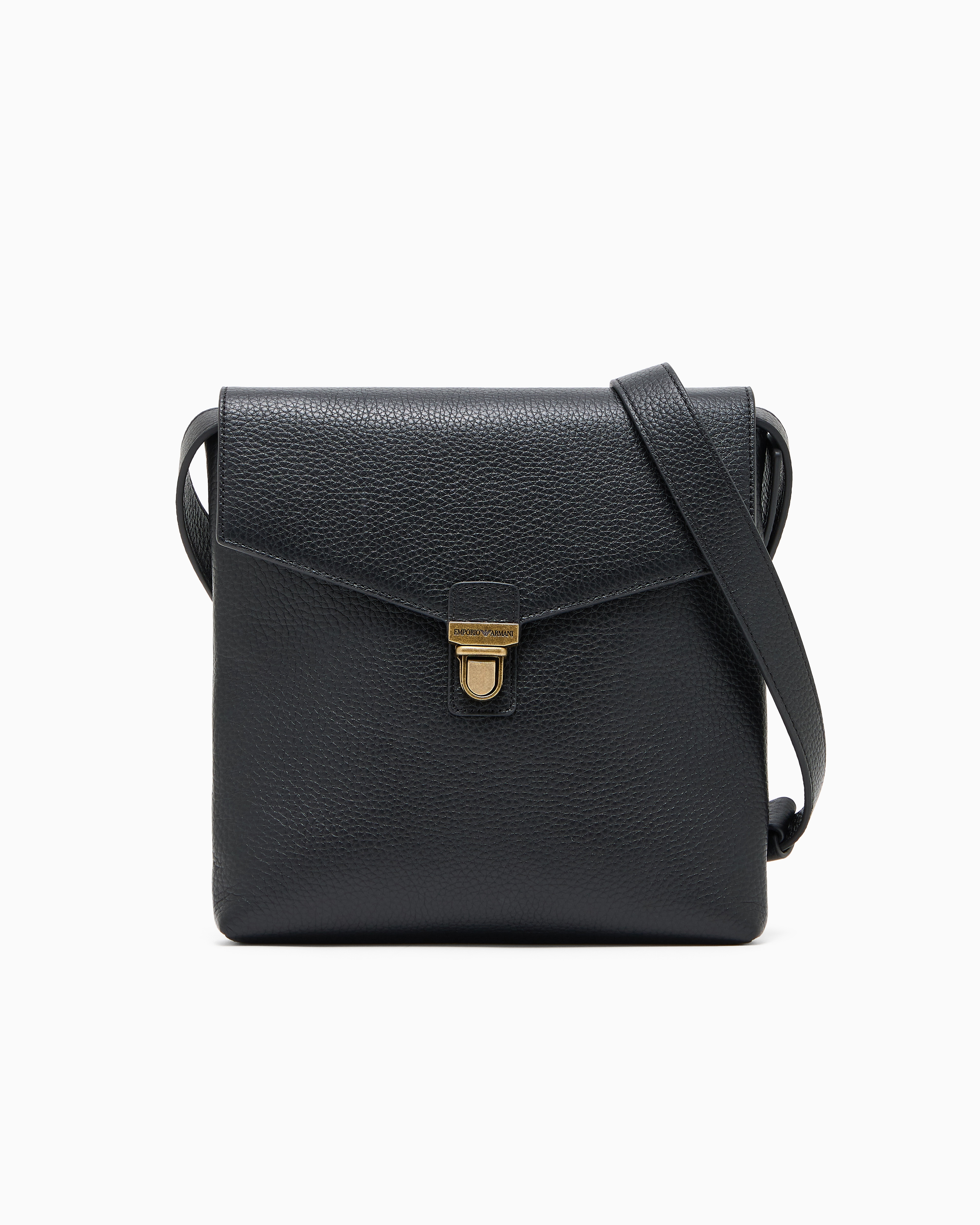 Emporio Armani Black Icon Pebbled Leather Flat Shoulder Bag