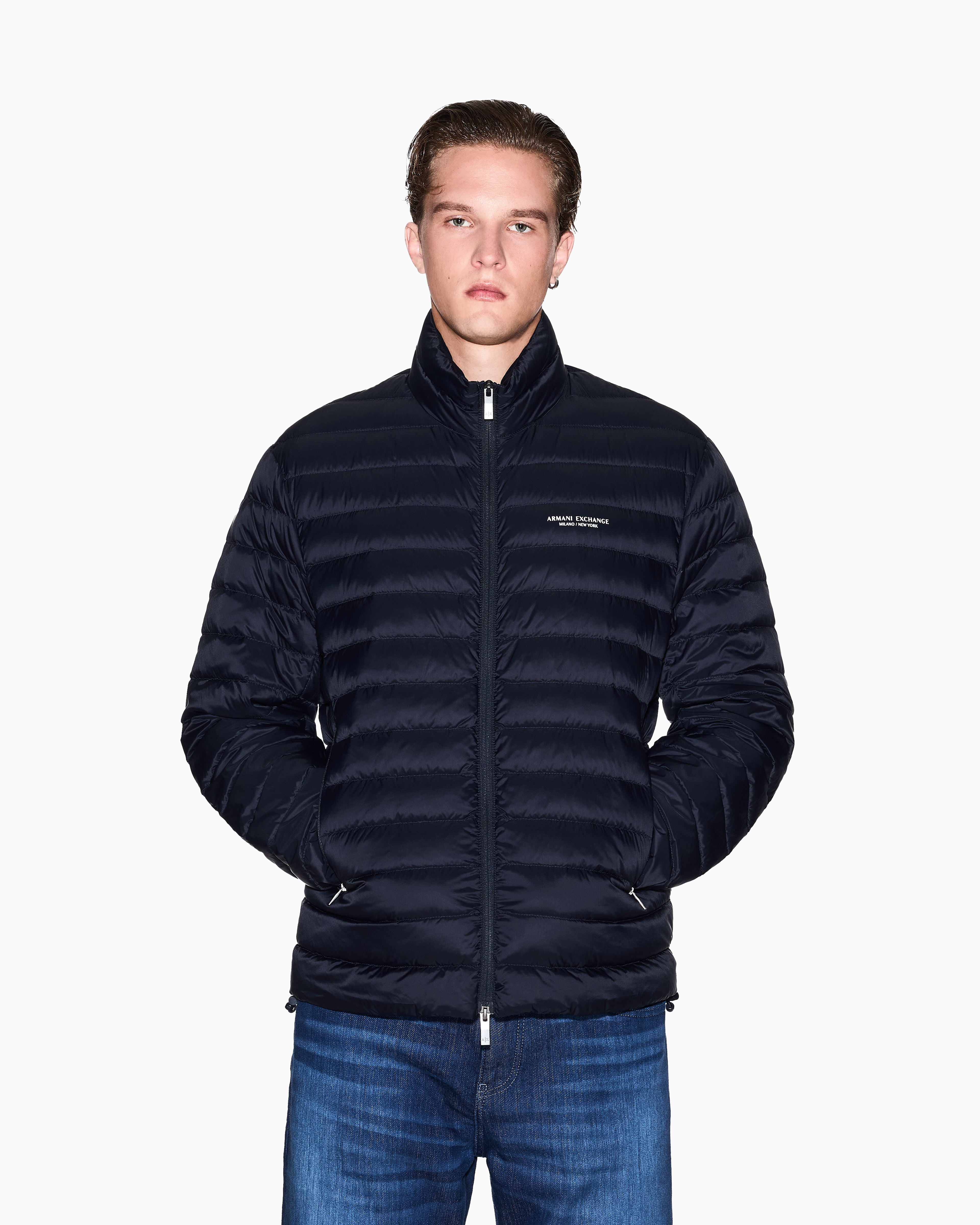 Armani Exchange - Quilted full zip down jacket, Man, Navy Blue, Size: