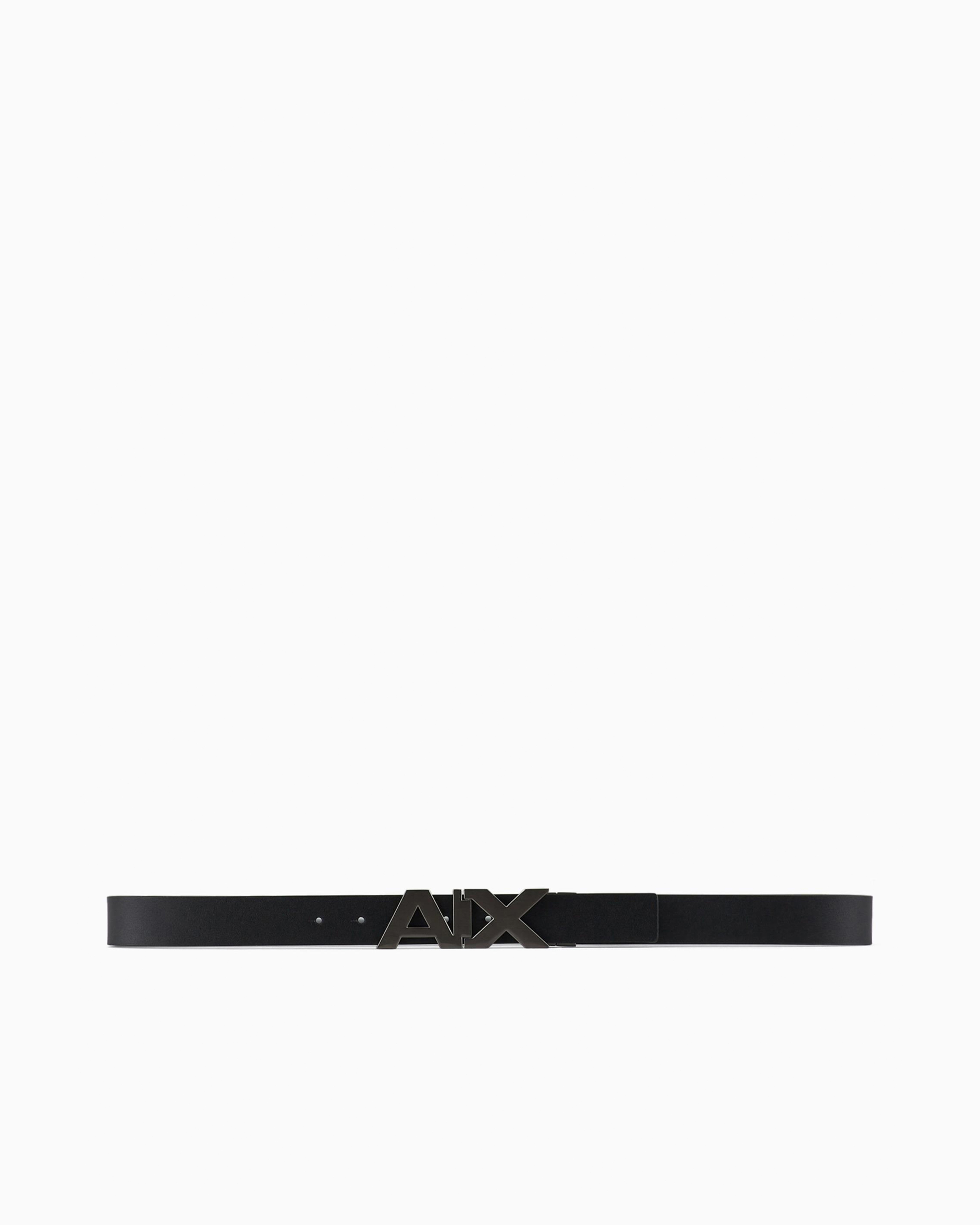 Reversible leather belt with satin metal logo buckle