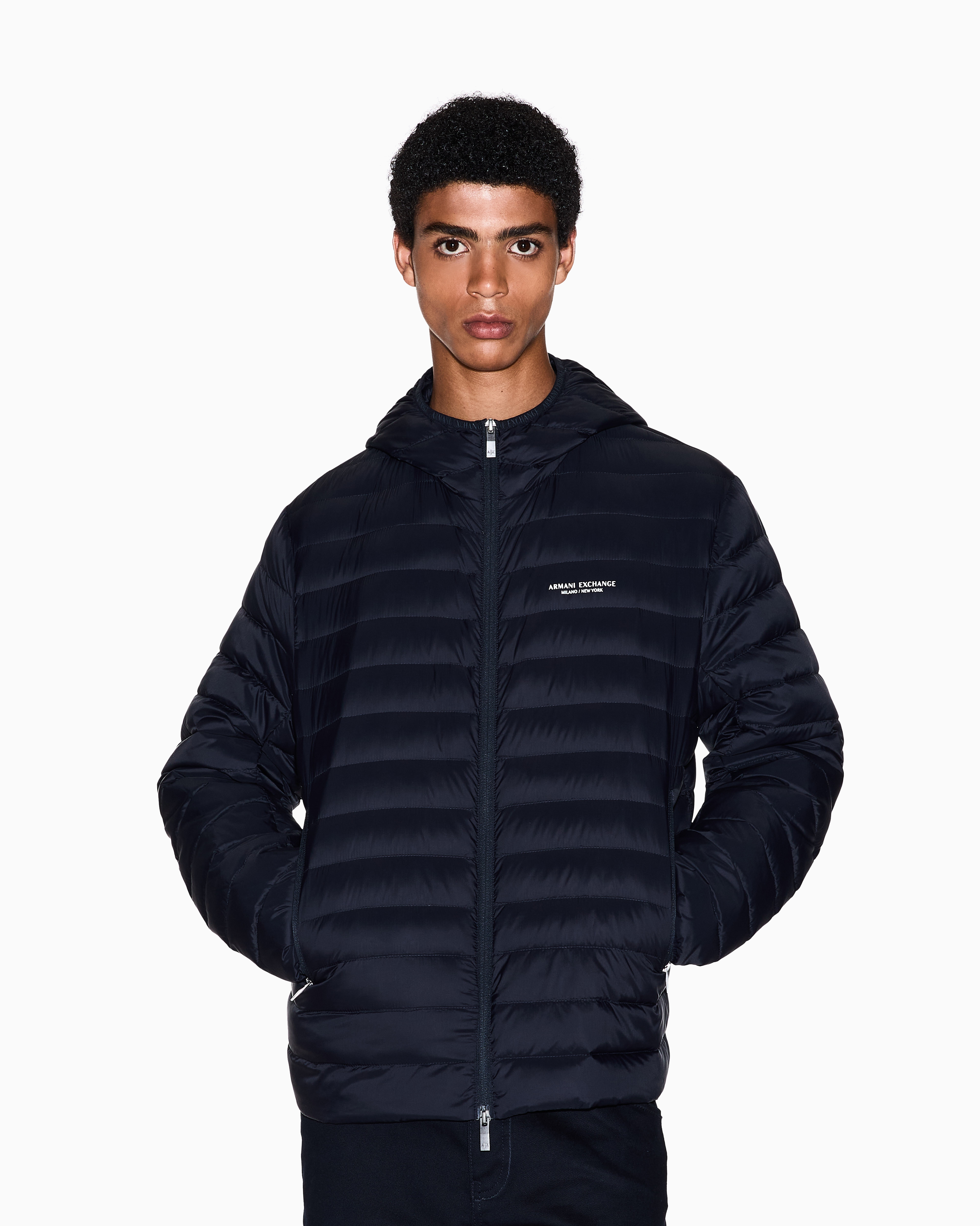 Armani Exchange - Full zip down jacket with hood, Man, Navy Blue, Size: