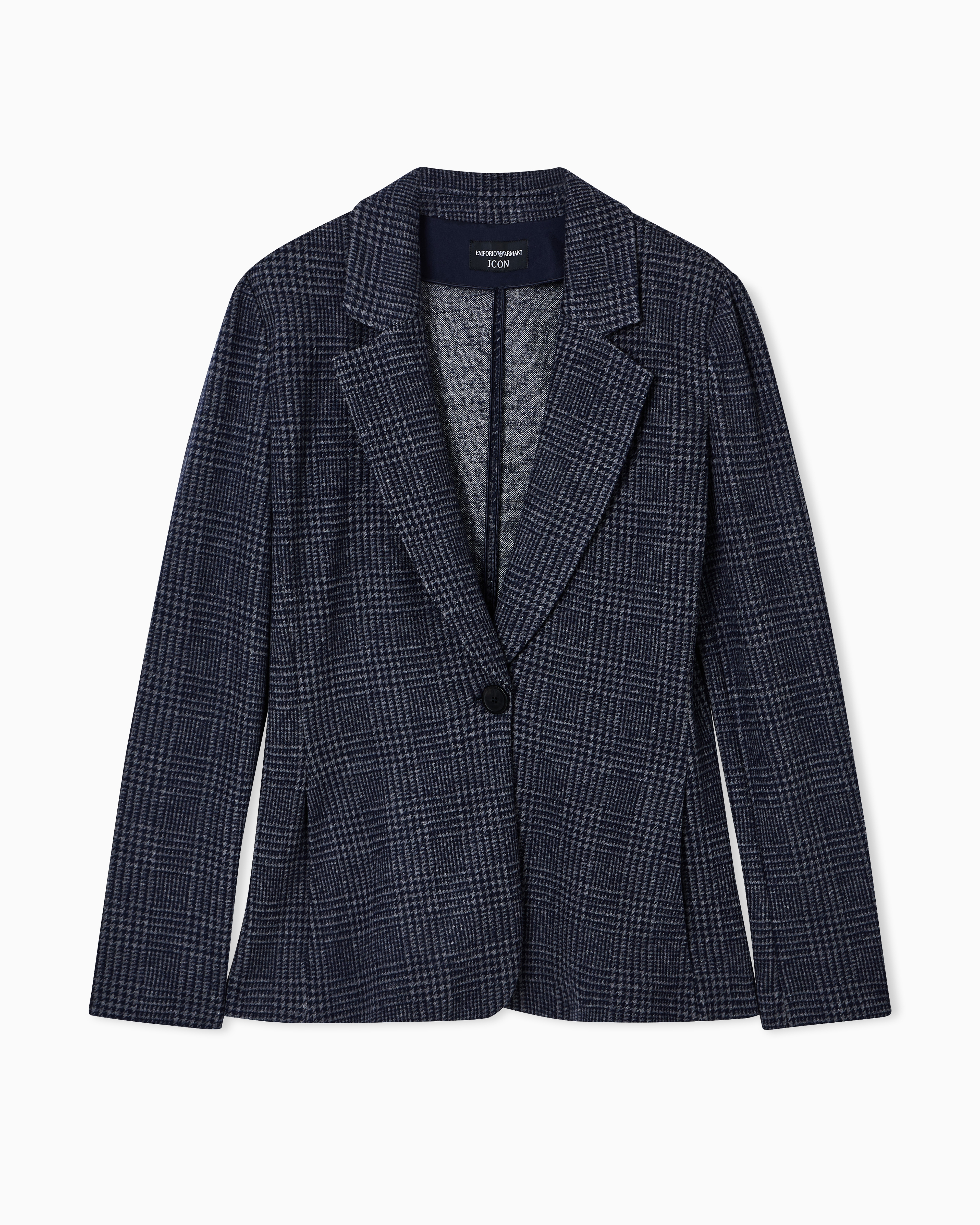 Emporio Armani Icon Prince Of Wales Check Compact Knit Jersey Single-breasted Blazer In Animal Print