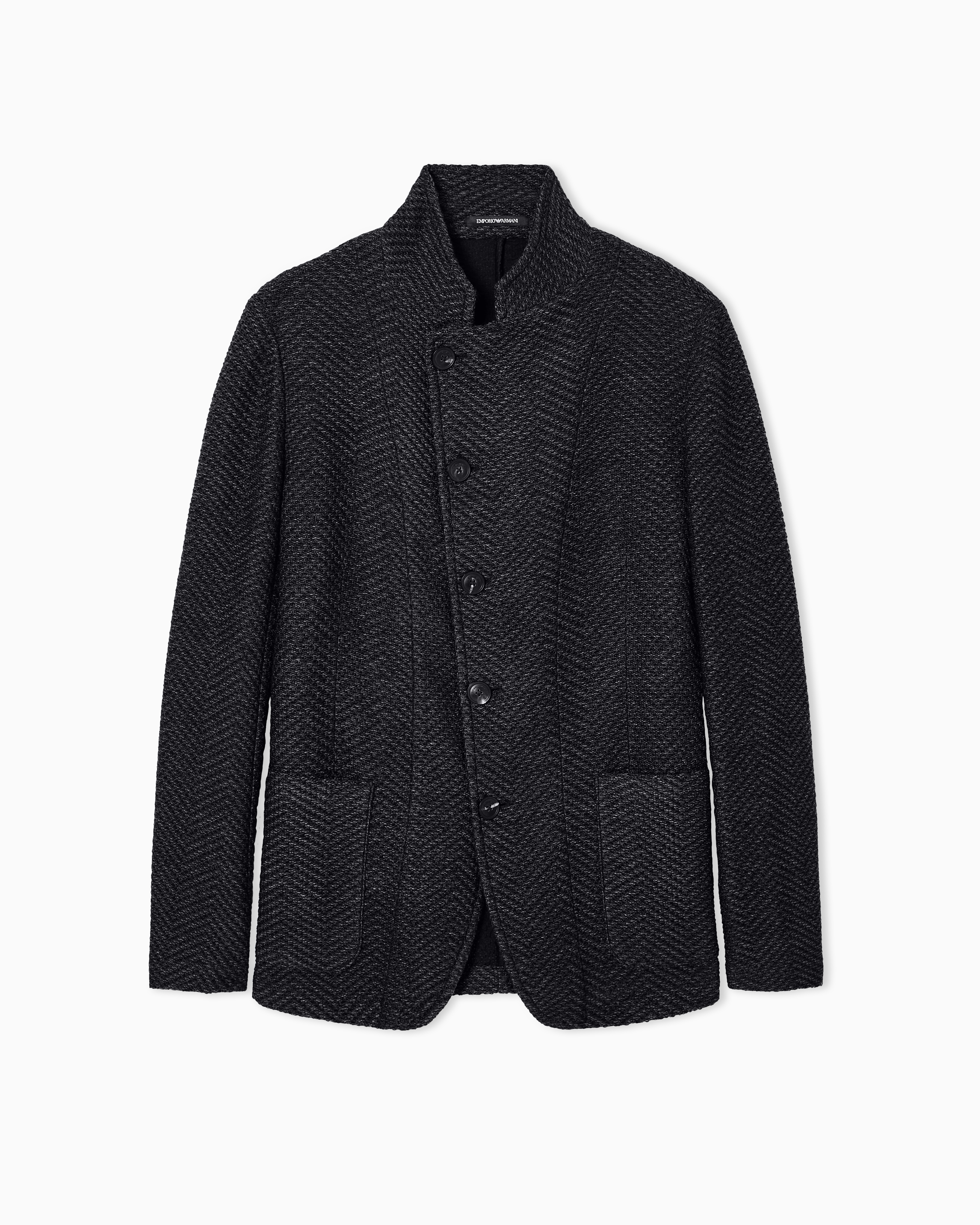 Emporio Armani Icon Guru-collar Jacket With Off-centre Fastening In A Chevron Wool Knit In Black