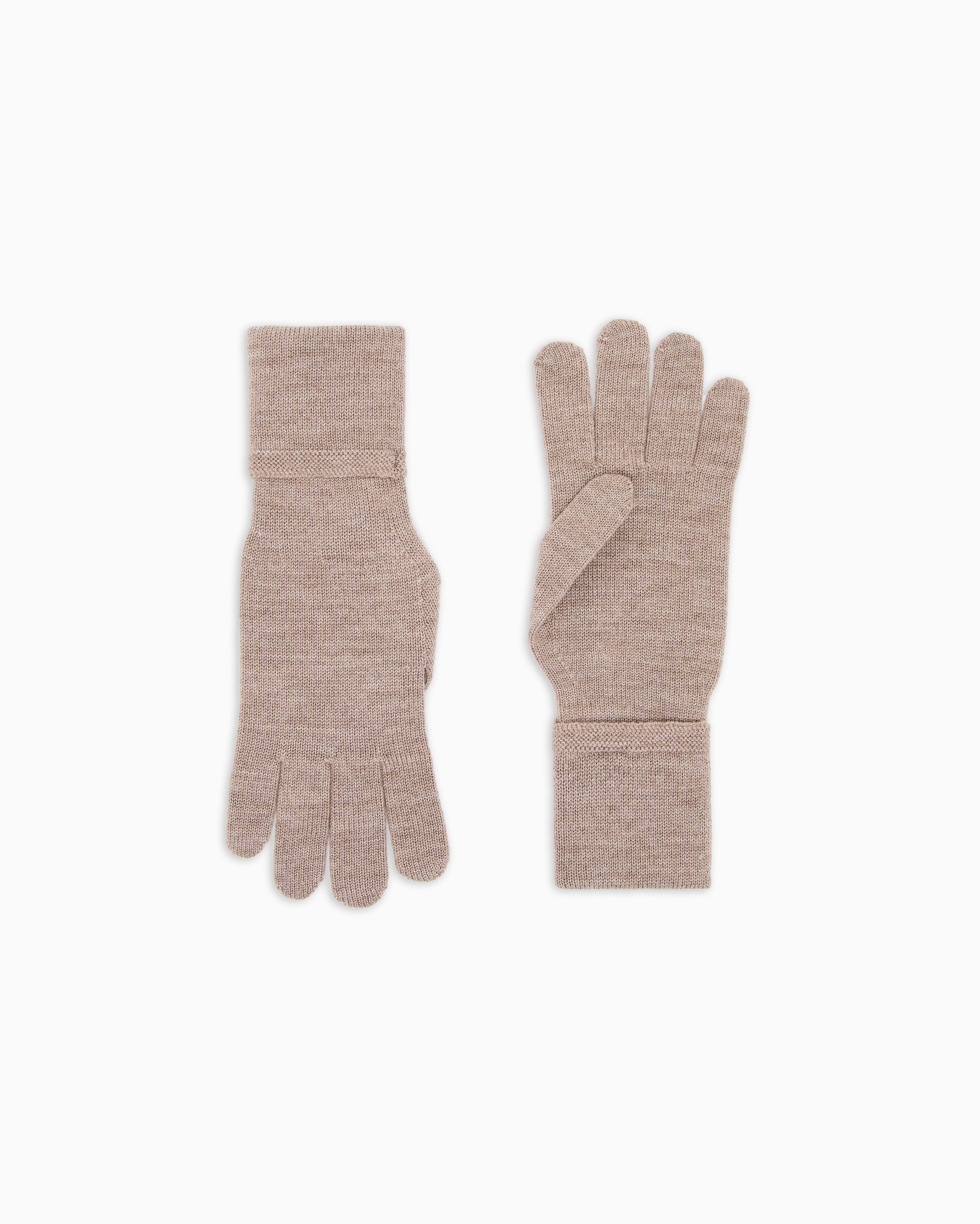 Emporio Armani - Wool knit gloves with EA signature logo embroidery, Woman, Beige, Size: