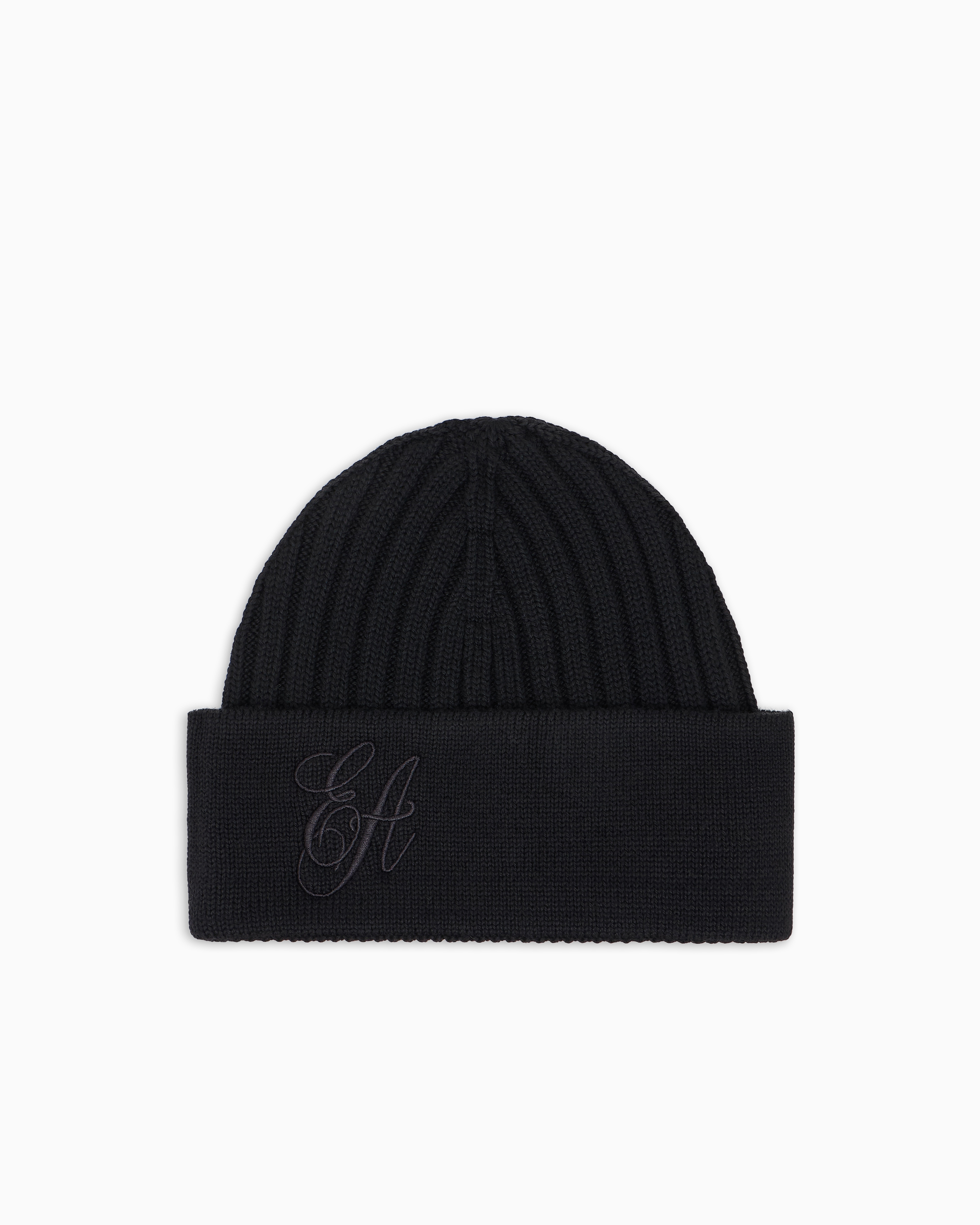 Emporio Armani - Ribbed wool beanie with EA signature embroidery, Woman, Black, Size: