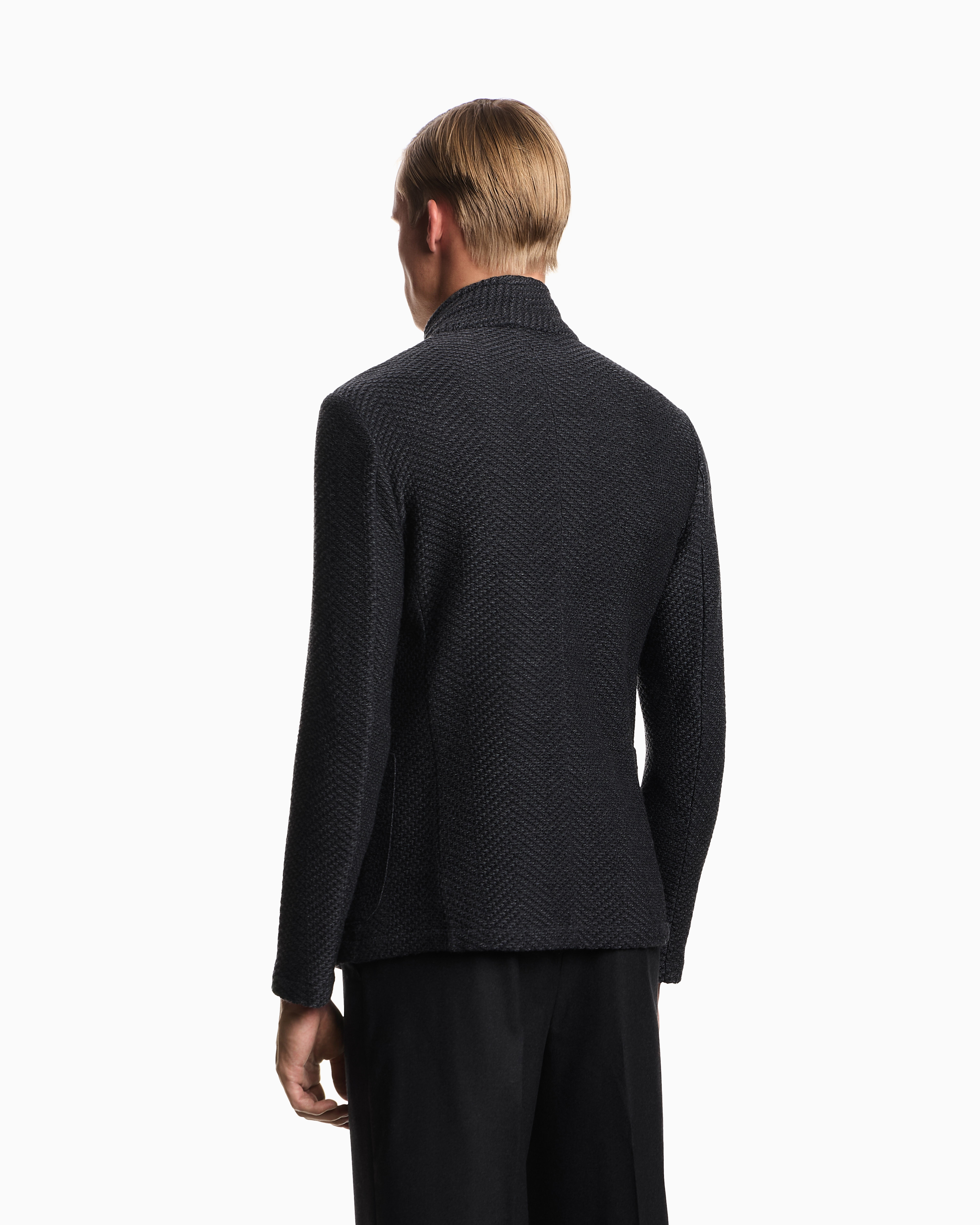 Emporio Armani Icon Guru-collar Jacket With Off-centre Fastening In A Chevron Wool Knit In Black