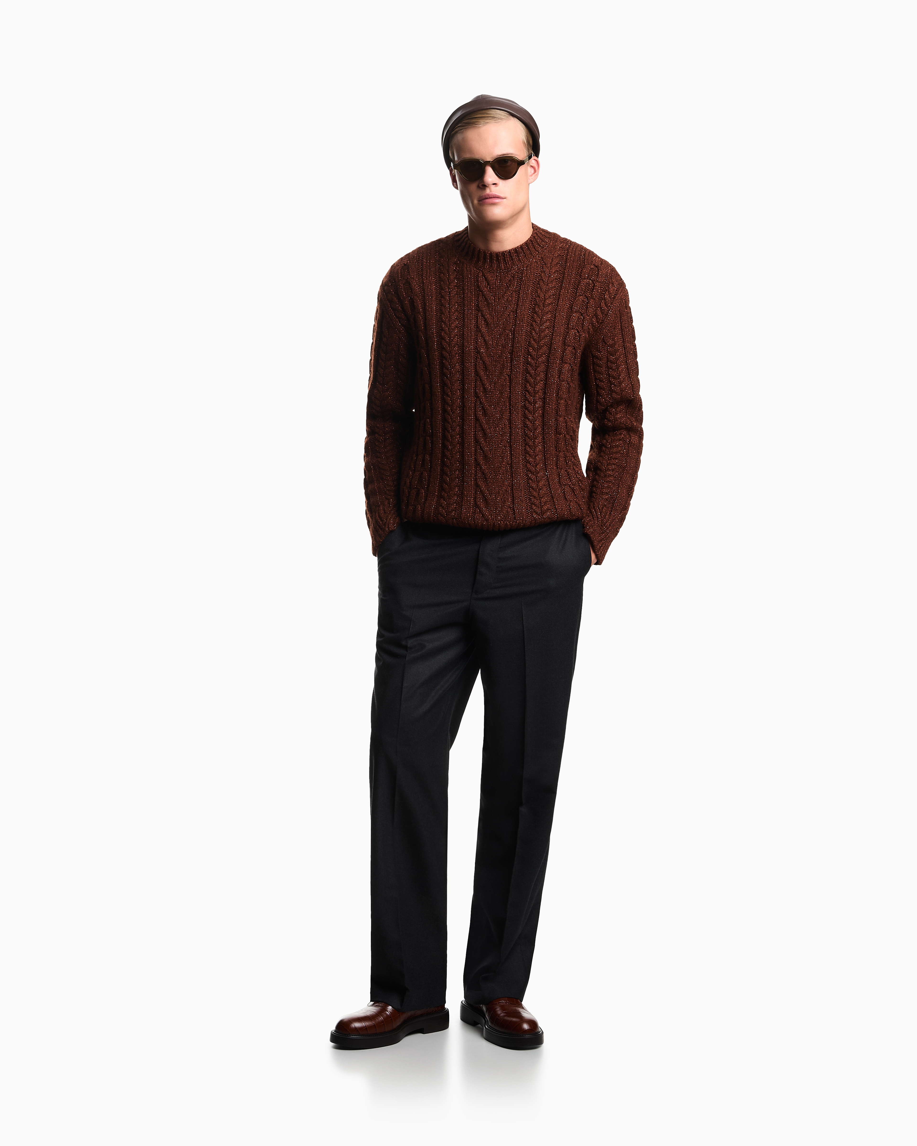 Emporio Armani Cable-knit Jumper In A Wool And Lurex Blend In Brown