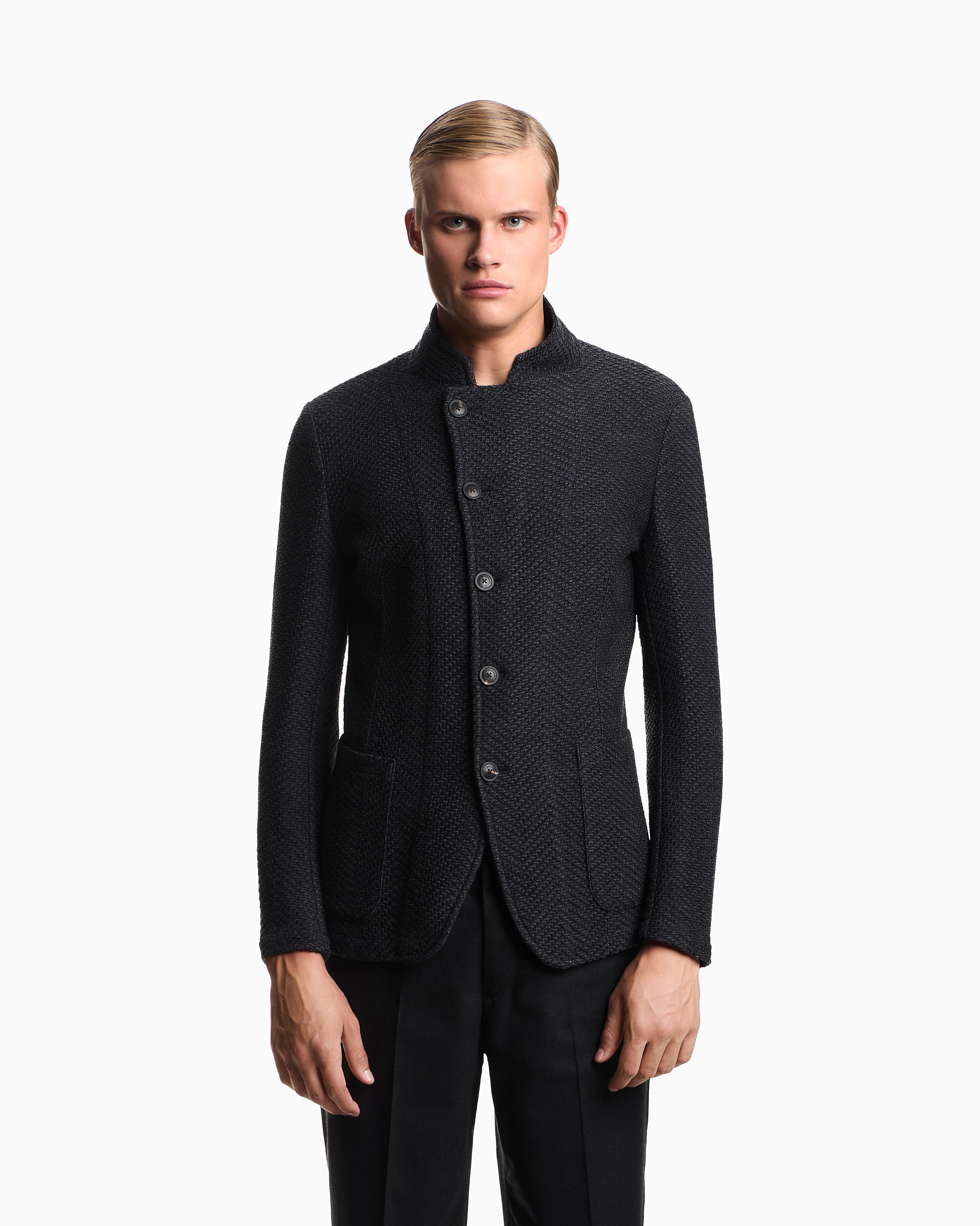 Emporio Armani Icon Guru-collar Jacket With Off-centre Fastening In A Chevron Wool Knit In Black