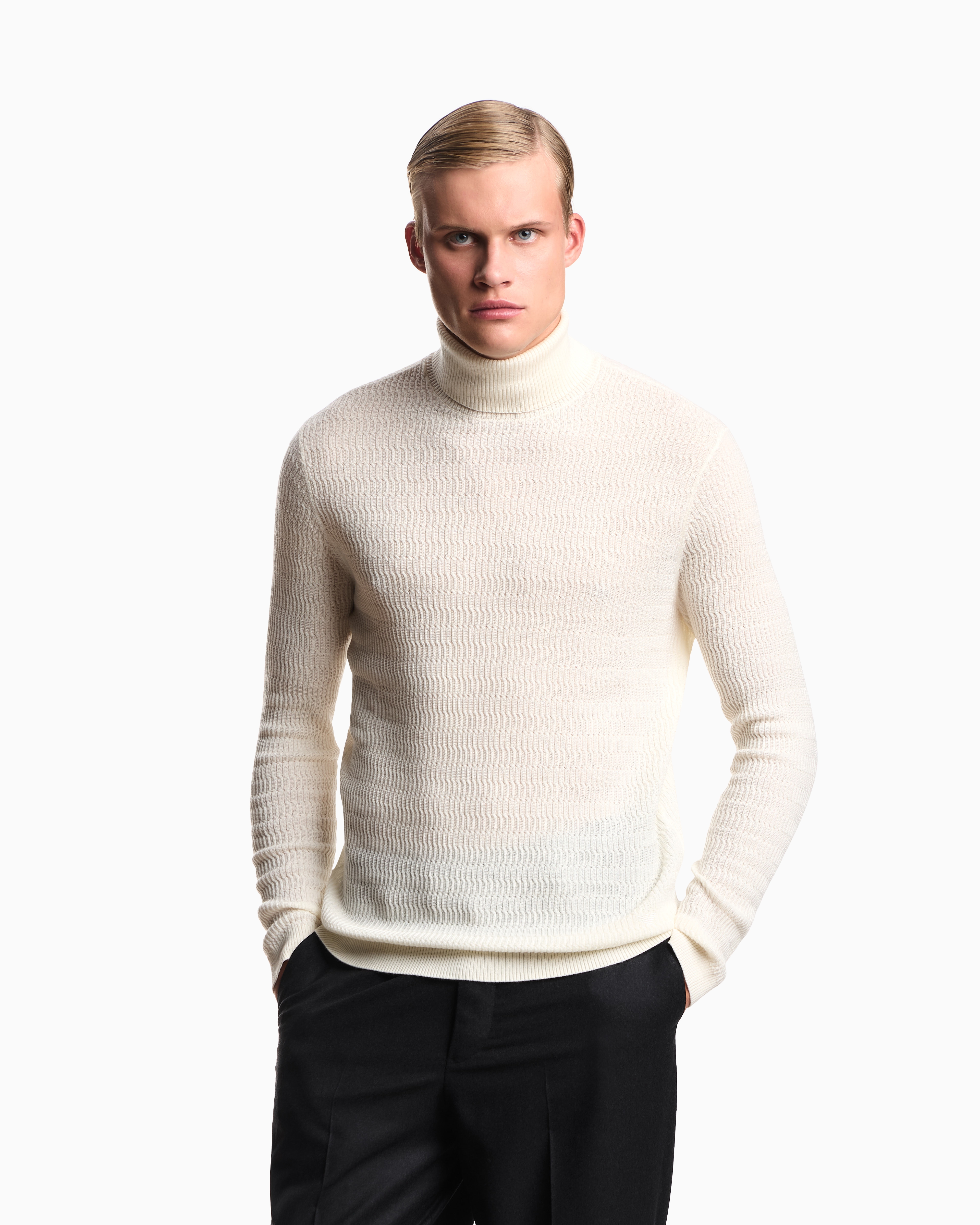 Emporio Armani - Links-stitch and cable-knit virgin-wool rollneck jumper, Man, Beige, Size: