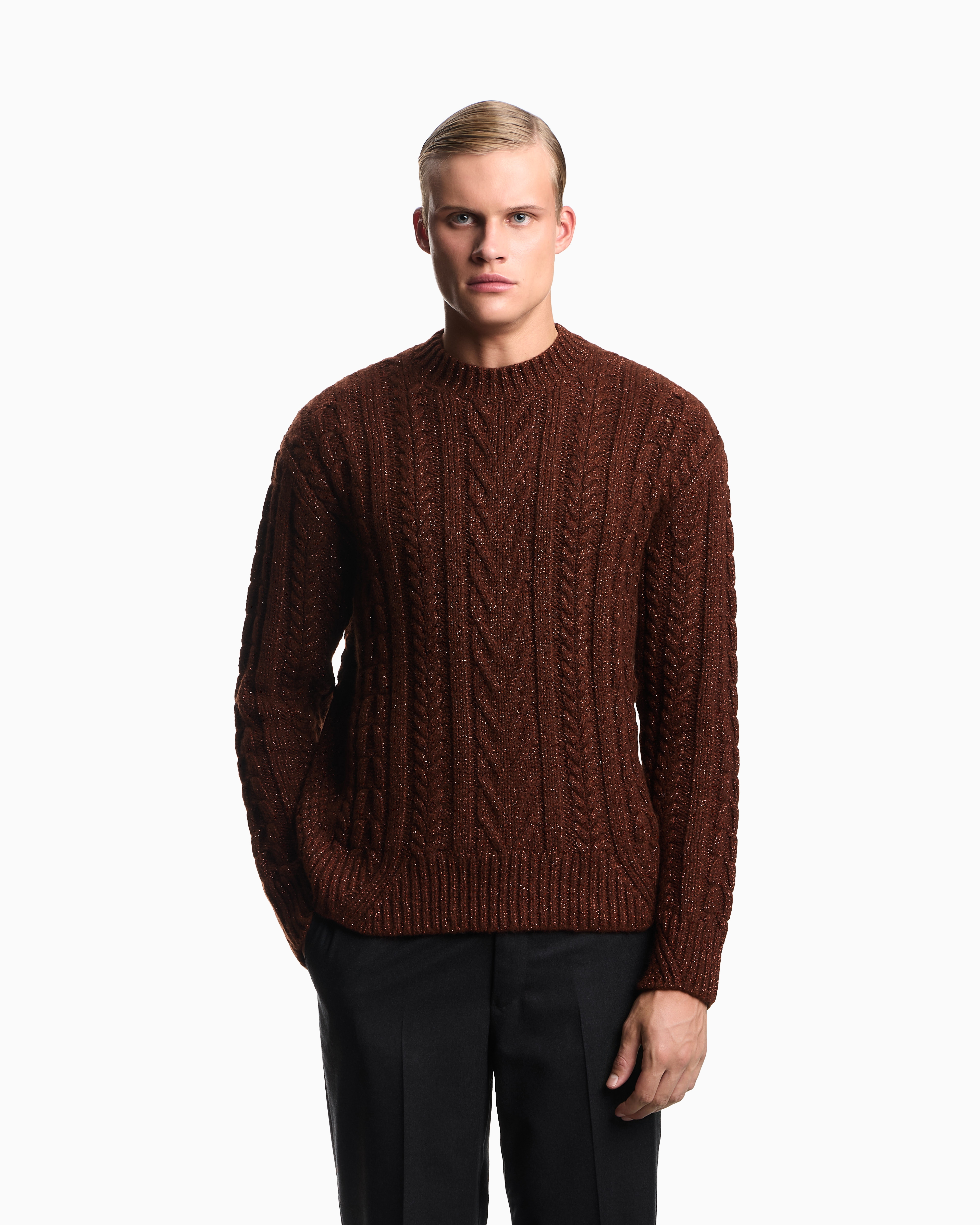 Emporio Armani Cable-knit Jumper In A Wool And Lurex Blend In Brown