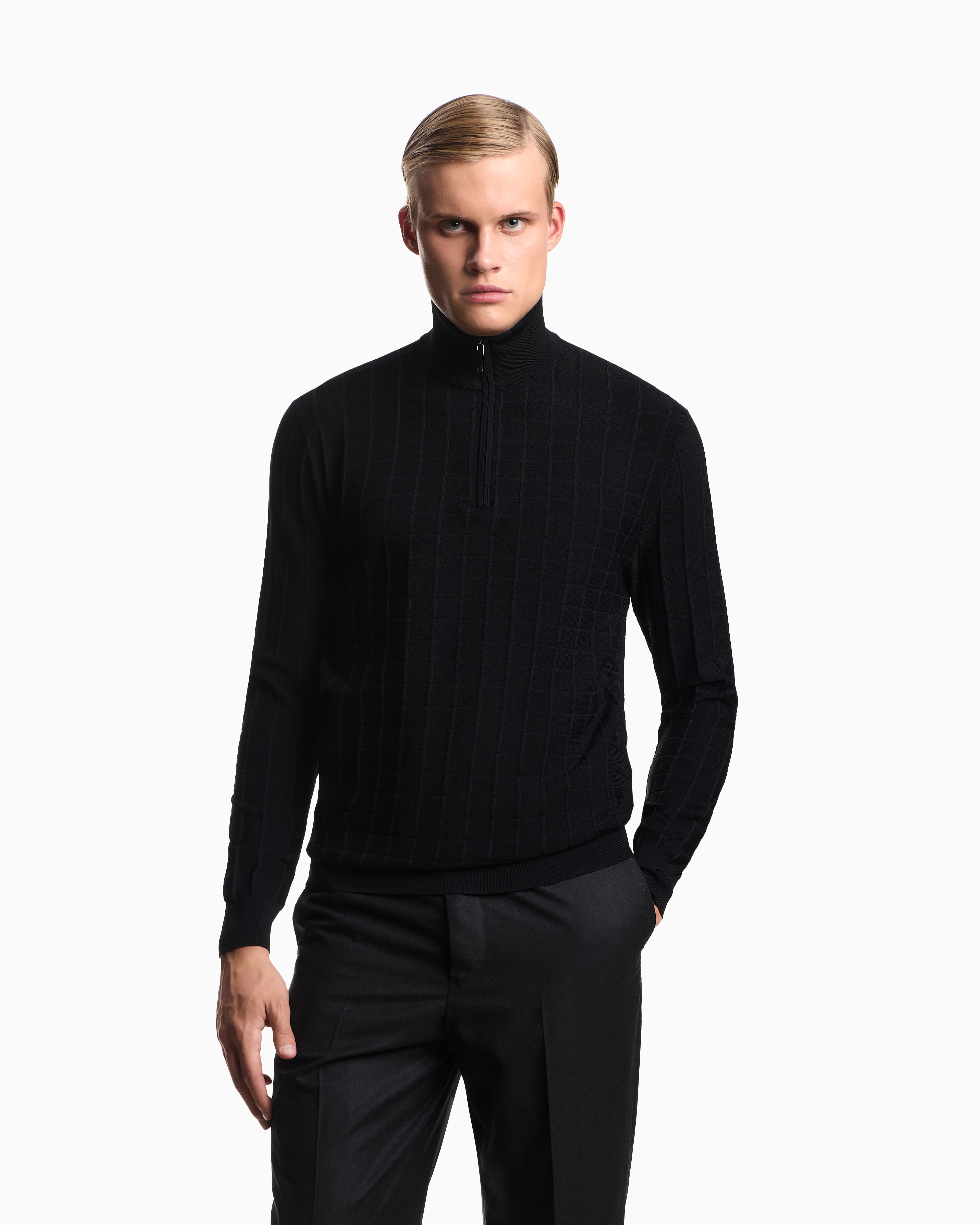 Emporio Armani Asv Mock-neck Jumper In A Check Knit In Multi