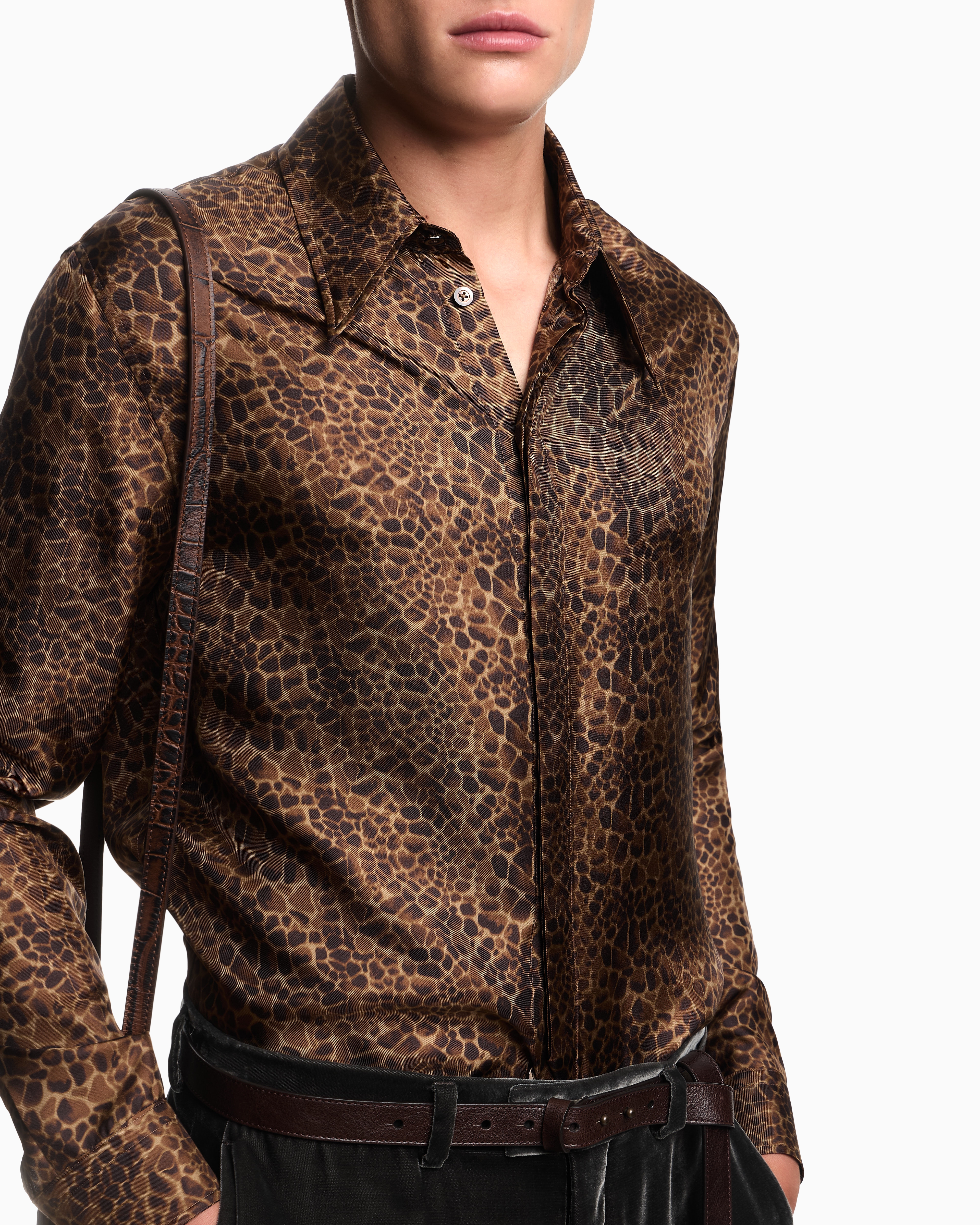 Emporio Armani - Animal-print silk shirt, Man, Brown, Size: