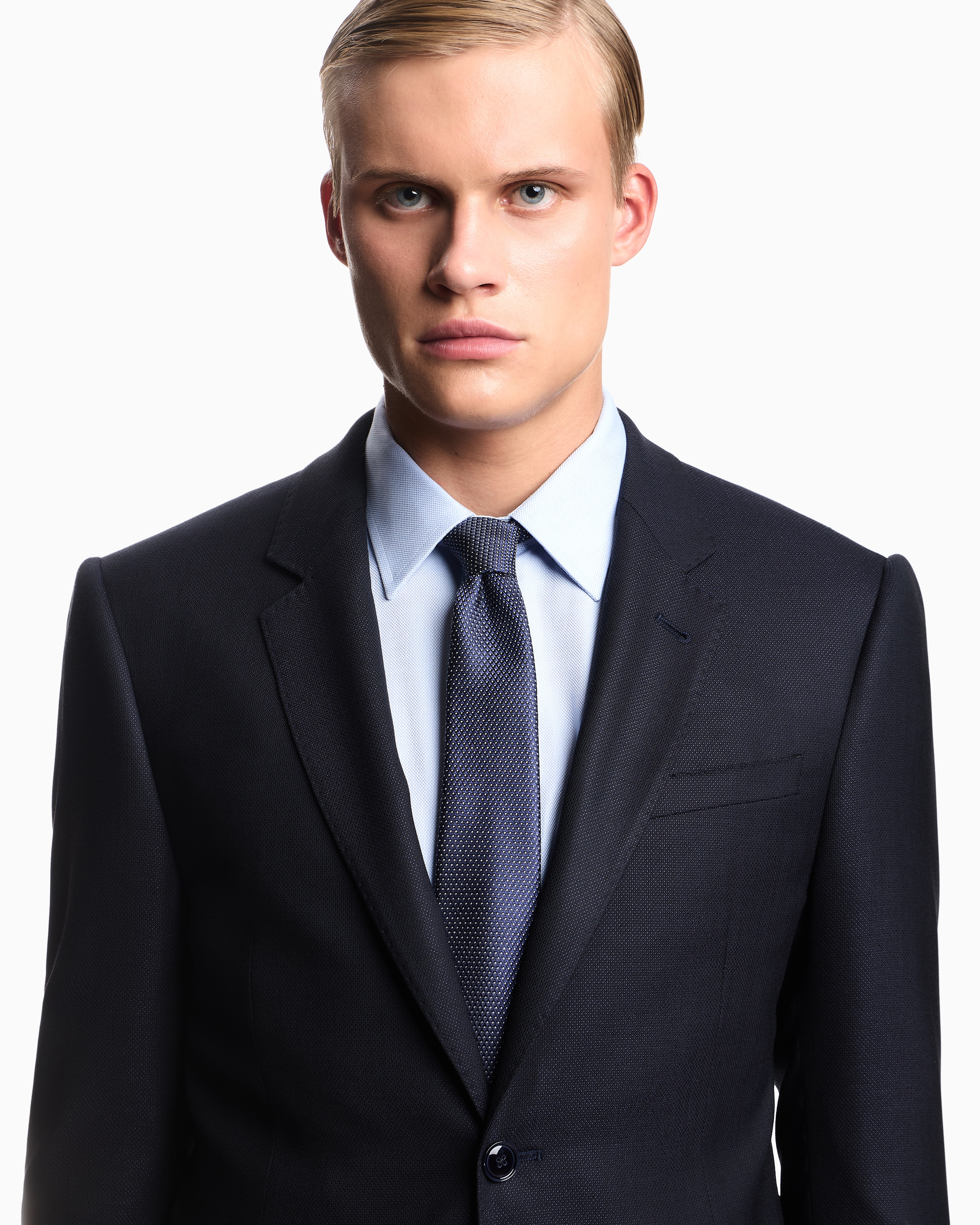 Emporio Armani - Single-breasted, regular-fit suit in fil-à-fil virgin-wool canvas, Man, Blue, Size: 44_R