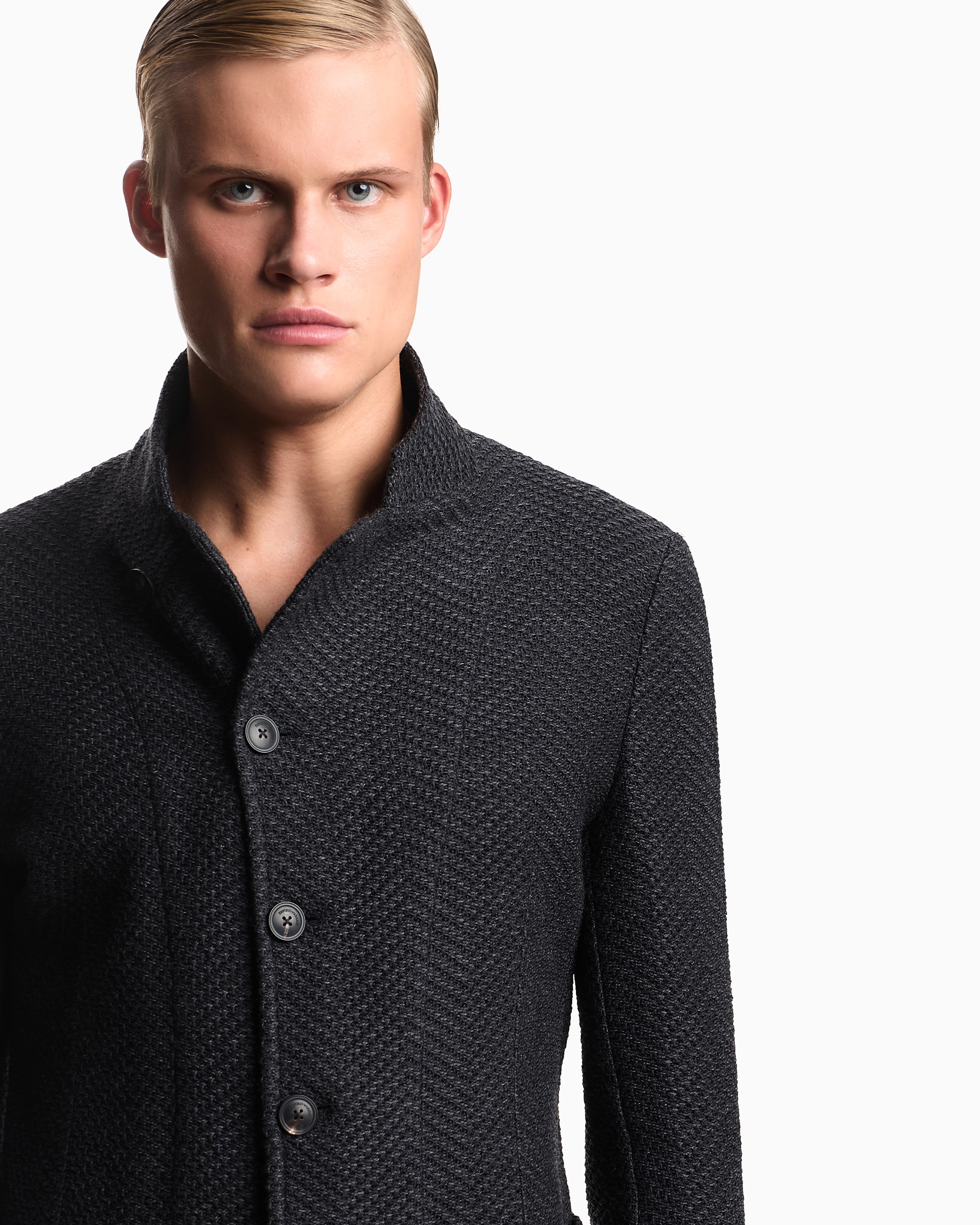 Emporio Armani Icon Guru-collar Jacket With Off-centre Fastening In A Chevron Wool Knit In Black
