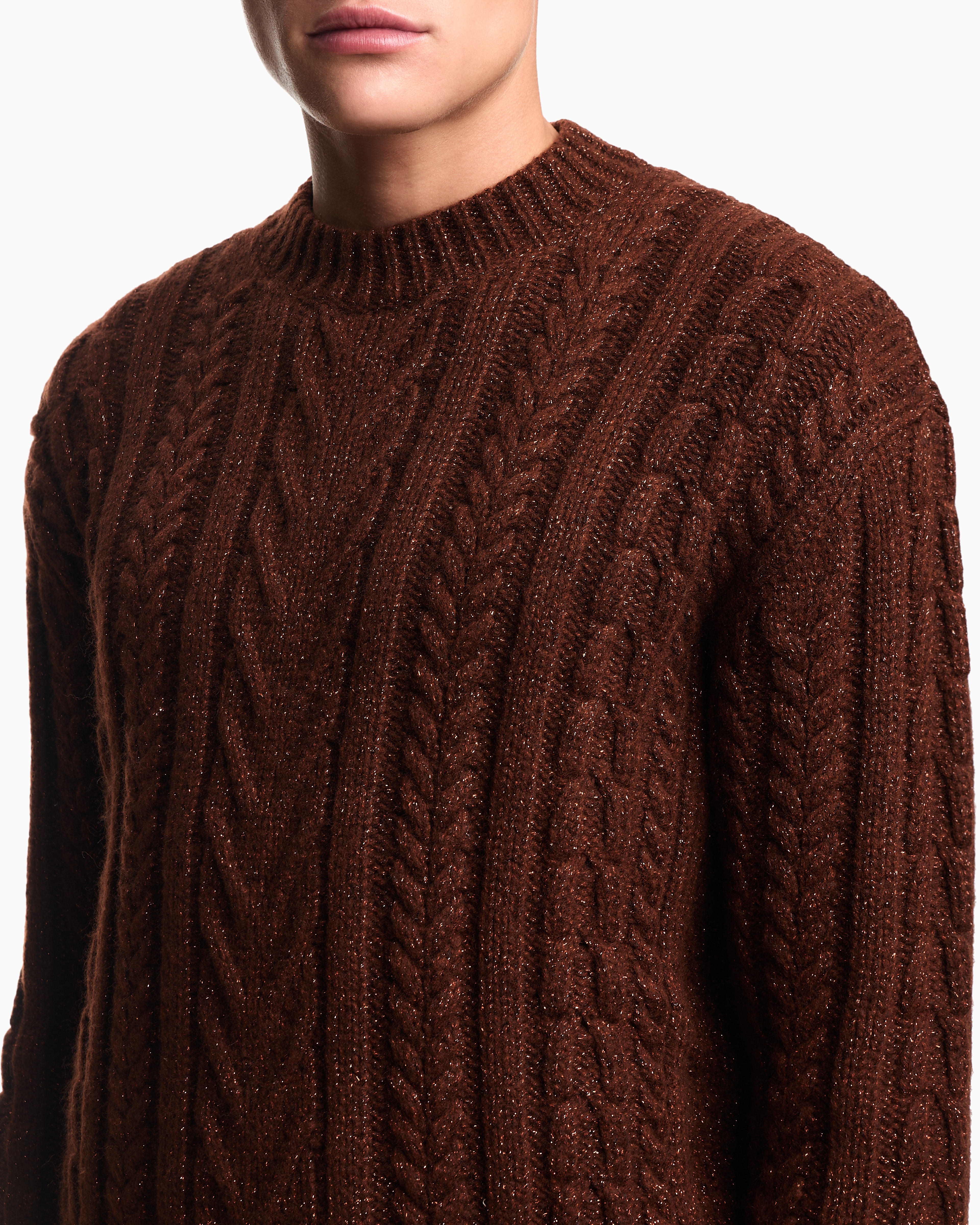 Emporio Armani Cable-knit Jumper In A Wool And Lurex Blend In Brown