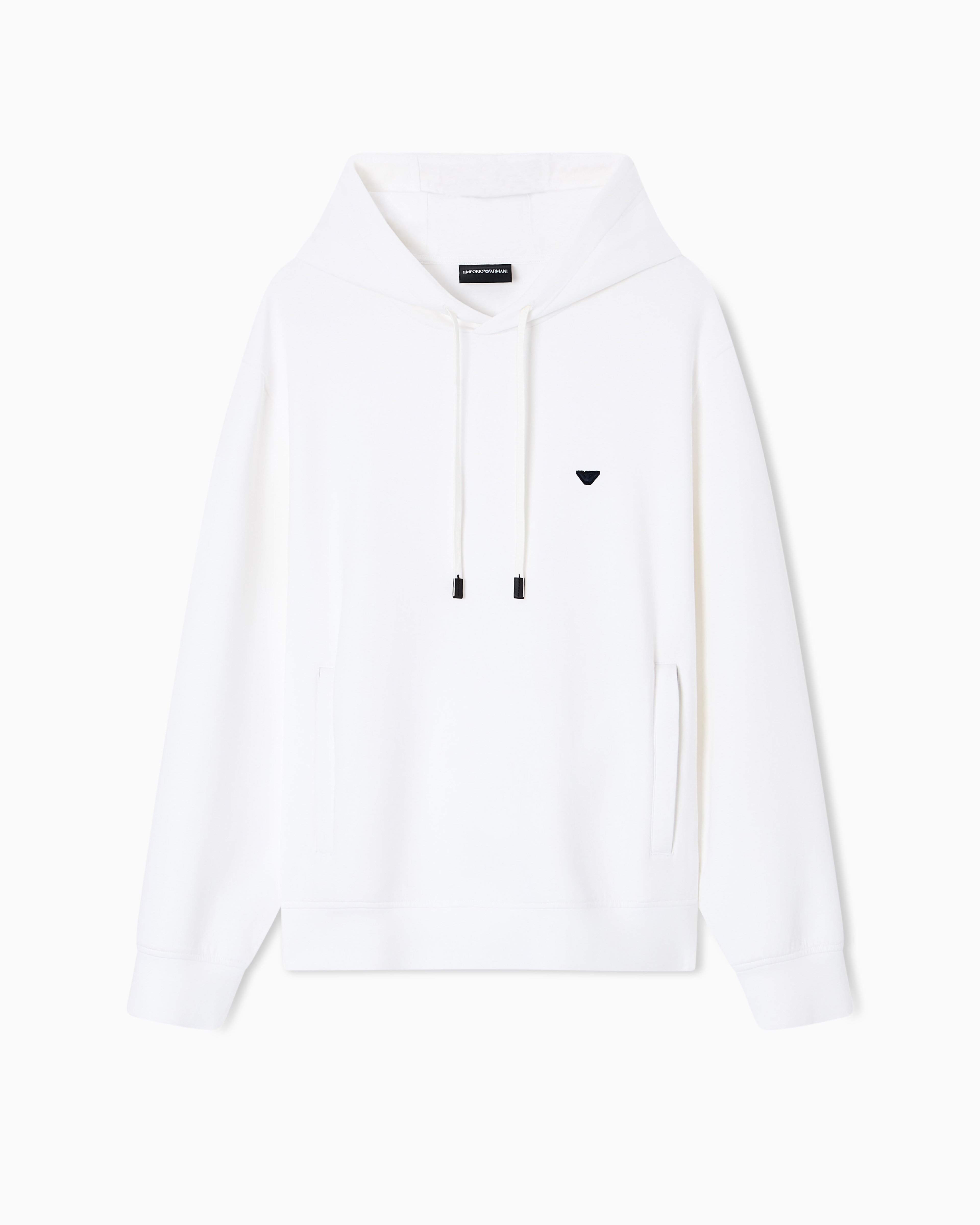 Emporio Armani Men's White Double-Jersey Hooded Sweatshirt With Embroidered Micro Eagle Logo