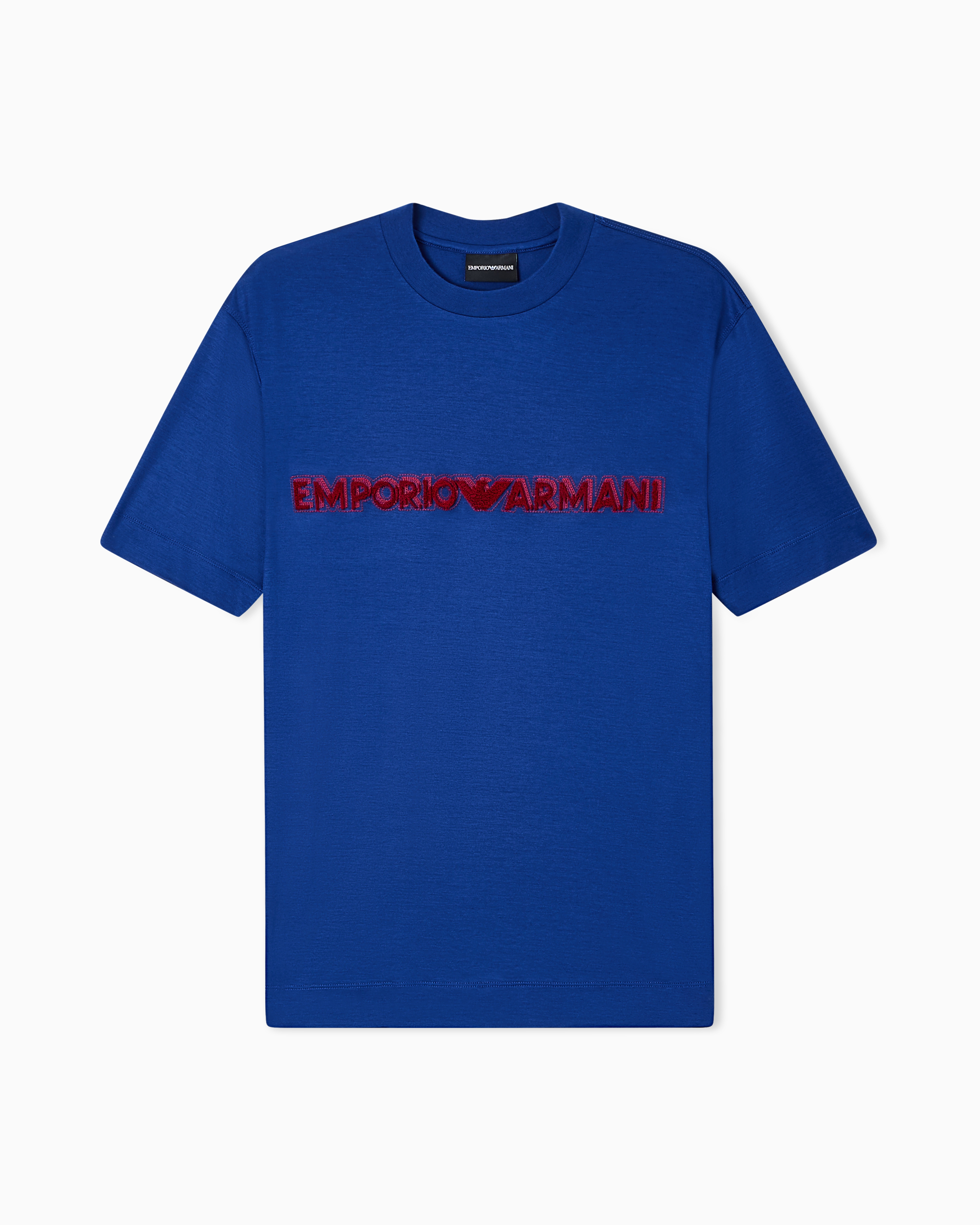Emporio Armani Blue Lyocell Blend Jersey T-Shirt With Soft-Touch Embossed Logo
