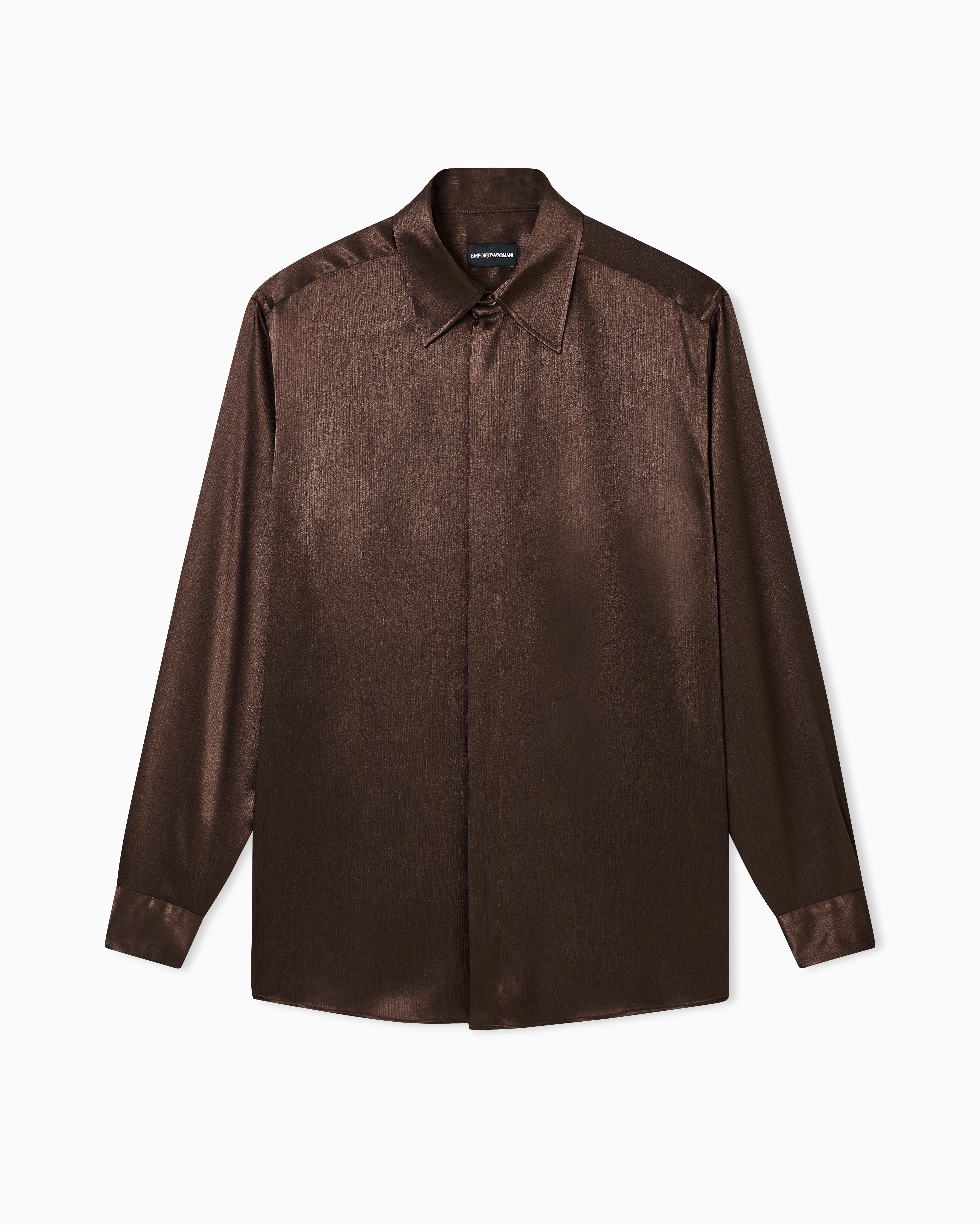 Emporio Armani - Solid-colour, pleated fabric shirt, Man, Brown, Size: