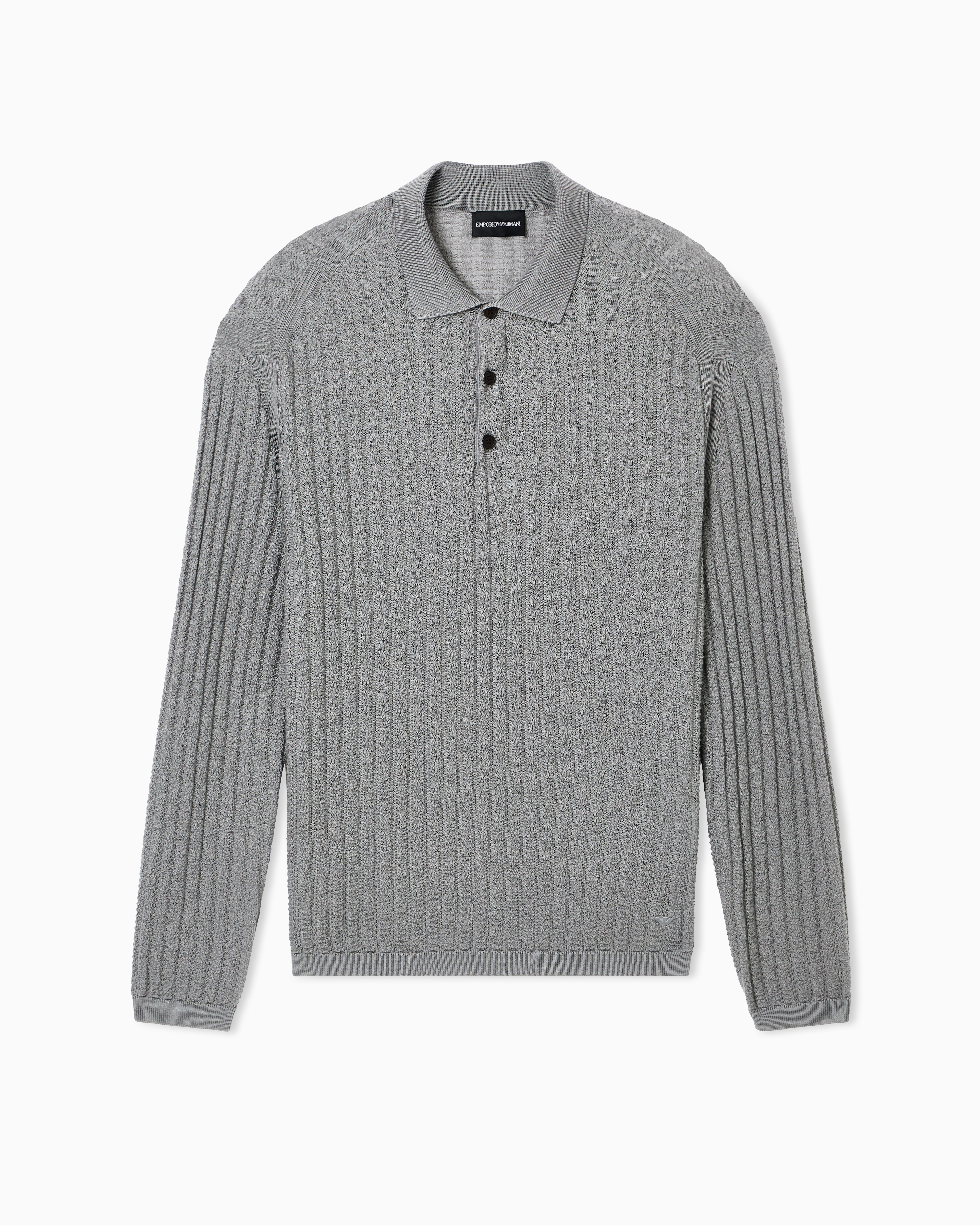 Emporio Armani Grey Wool And Lyocell-Blend Polo Collar Jumper In A Patterned Stitch
