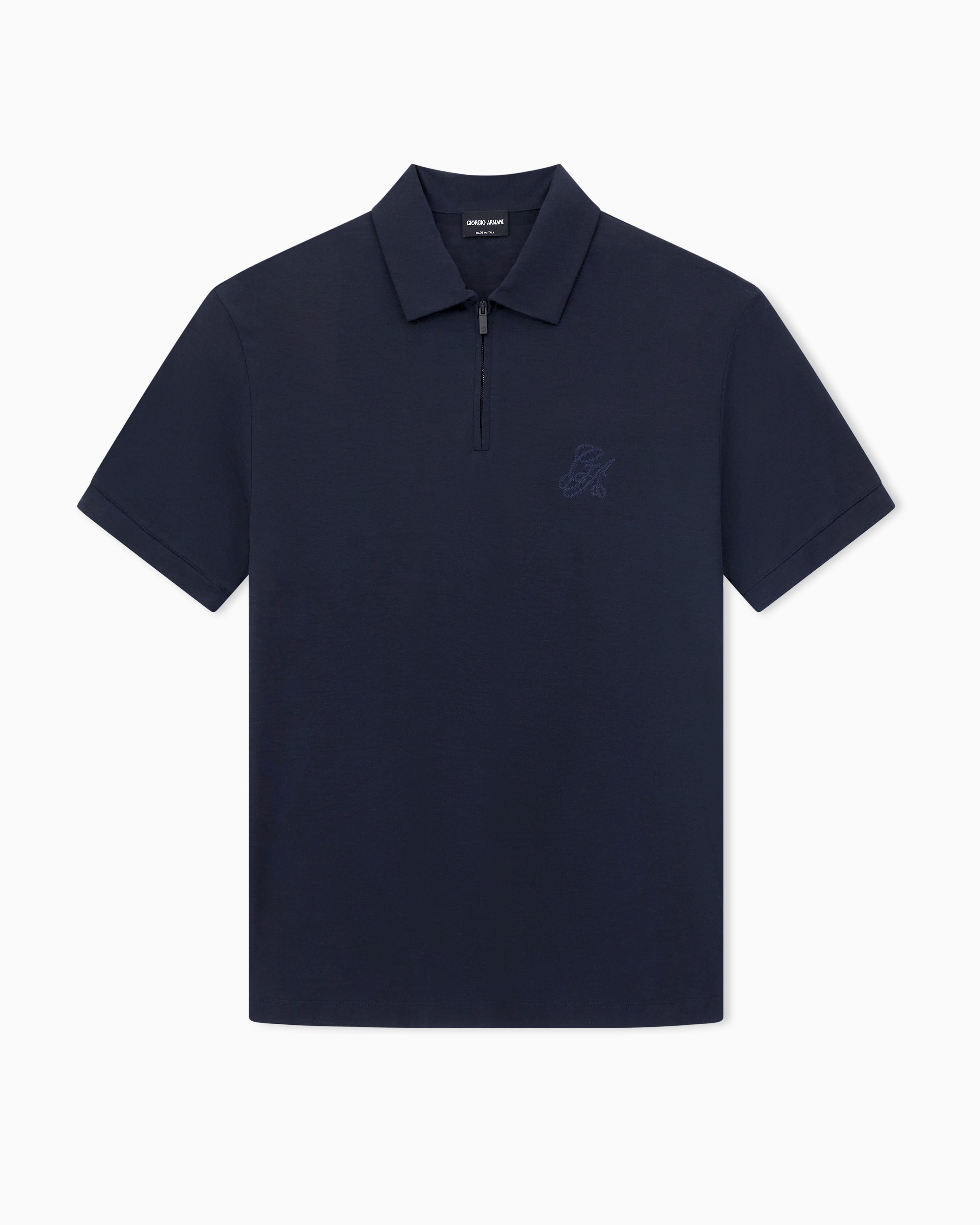 Giorgio Armani Navy Blue Silk And Cotton Zipped Polo Shirt