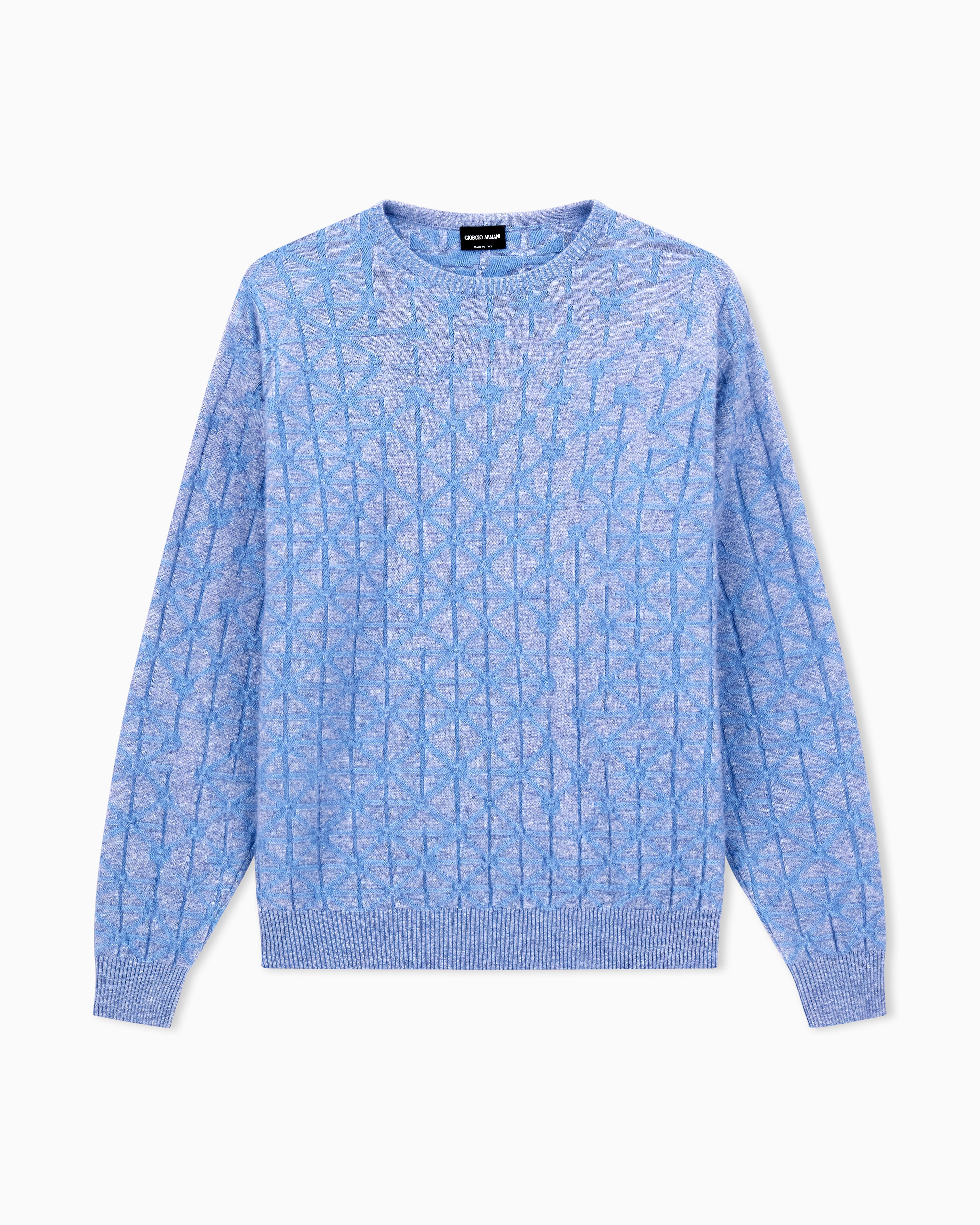 Giorgio Armani Light Blue Crew-Neck Jumper In Jacquard Virgin Wool And Cashmere