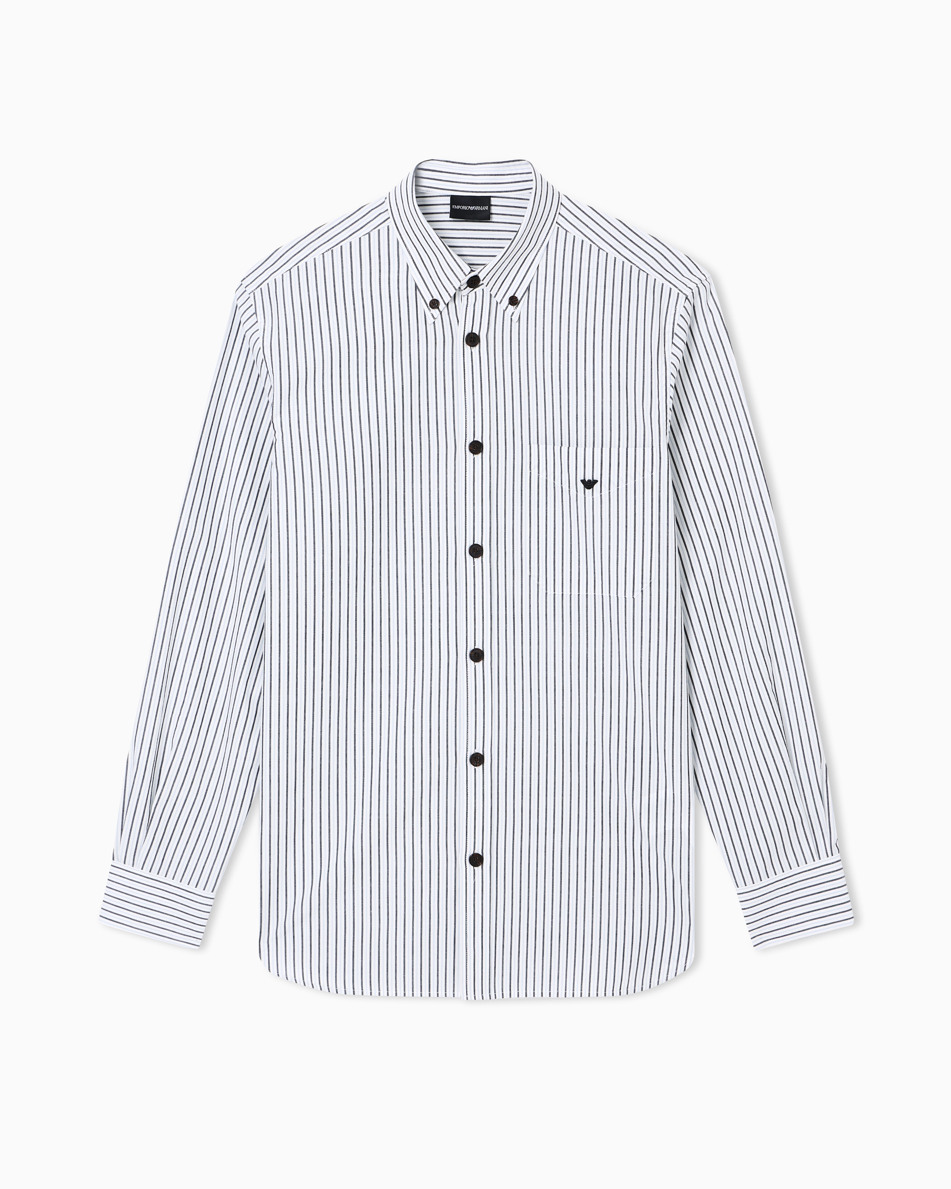 Emporio Armani Light Blue Striped Yarn-Dyed Fabric Button-Down Shirt