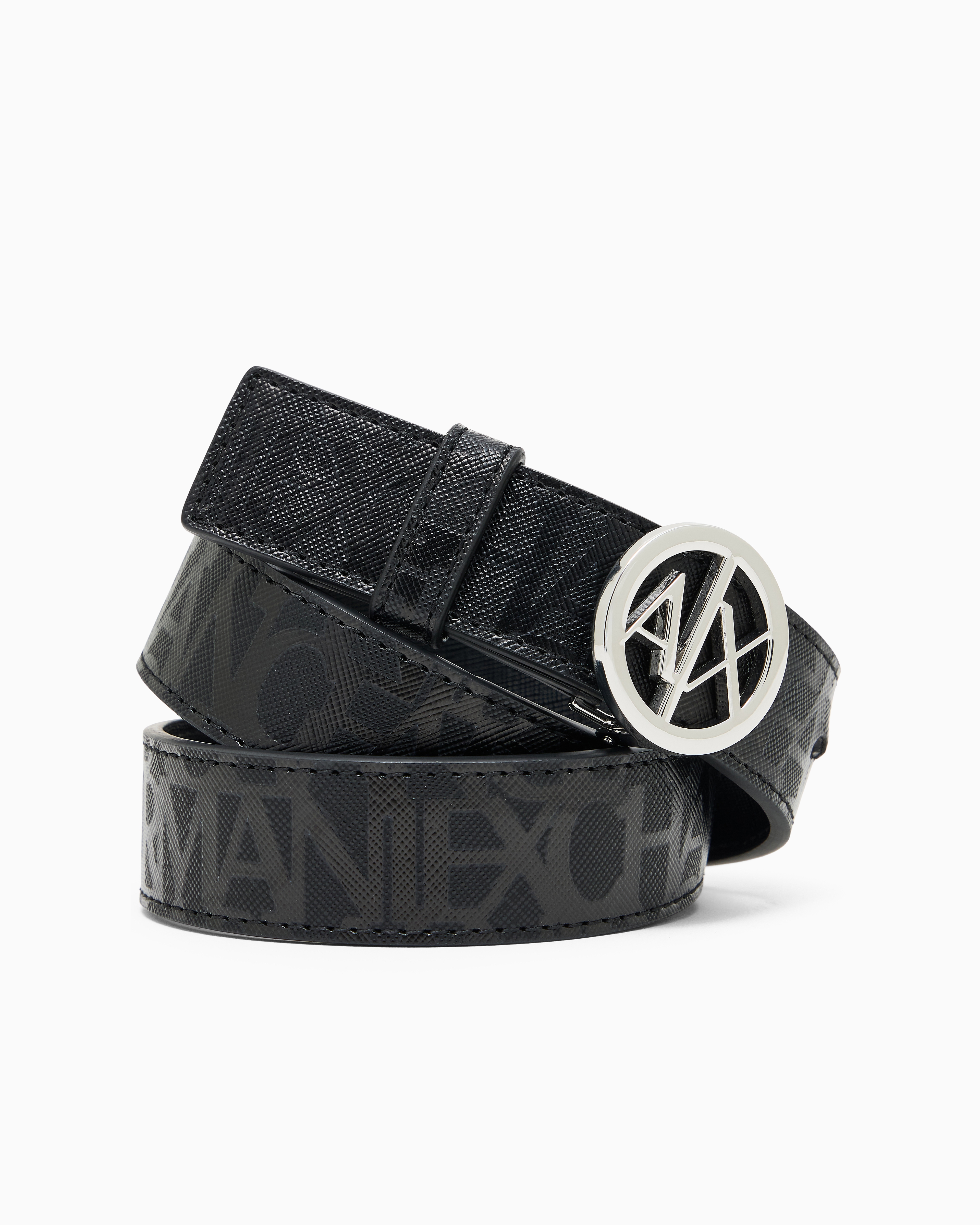 Armani Exchange - Eco-leather belt with round logo buckle, Woman, Black, Size: